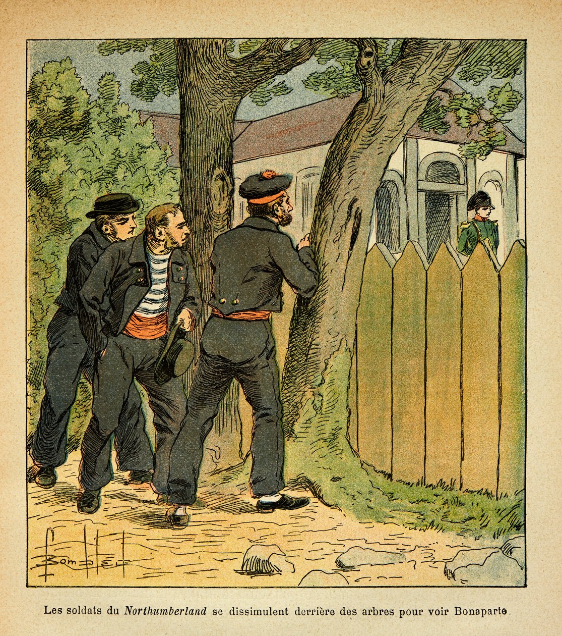 Ilustração de Bombled Louis (1862-1927) do livro "O Memorial de Santa Helena" do Conde Emmanuel de Las Cases (1766-1842): Em Santa Helena, os marinheiros de Northumberland escondem-se para ver o Imperador Napoleão, Coleção Particular de Louis Charles Bombled