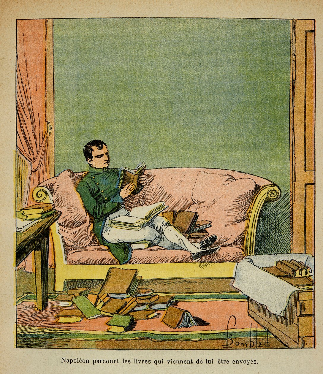 Ilustração de Bombled Louis (1862-1927) do livro "O Memorial de Santa Helena" do Conde Emmanuel de Las Cases (1766-1842): O imperador Napoleão percorre os livros que acabam de ser enviados a Santa Helena, Coleção Particular de Louis Charles Bombled