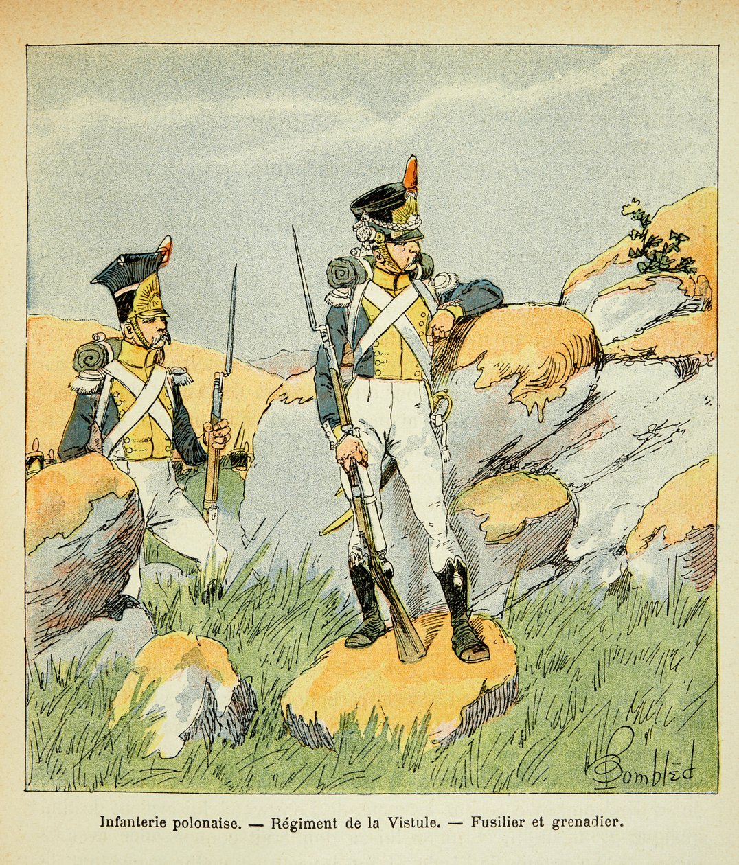 Ilustração de Bombled Louis (1862-1927) do livro "O Memorial de Santa Helena" do Conde Emmanuel de Las Cases (1766-1842): Infantaria Polaca; Regimento do Vístula; Fusilier e Granadeiro, Coleção Privada de Louis Charles Bombled
