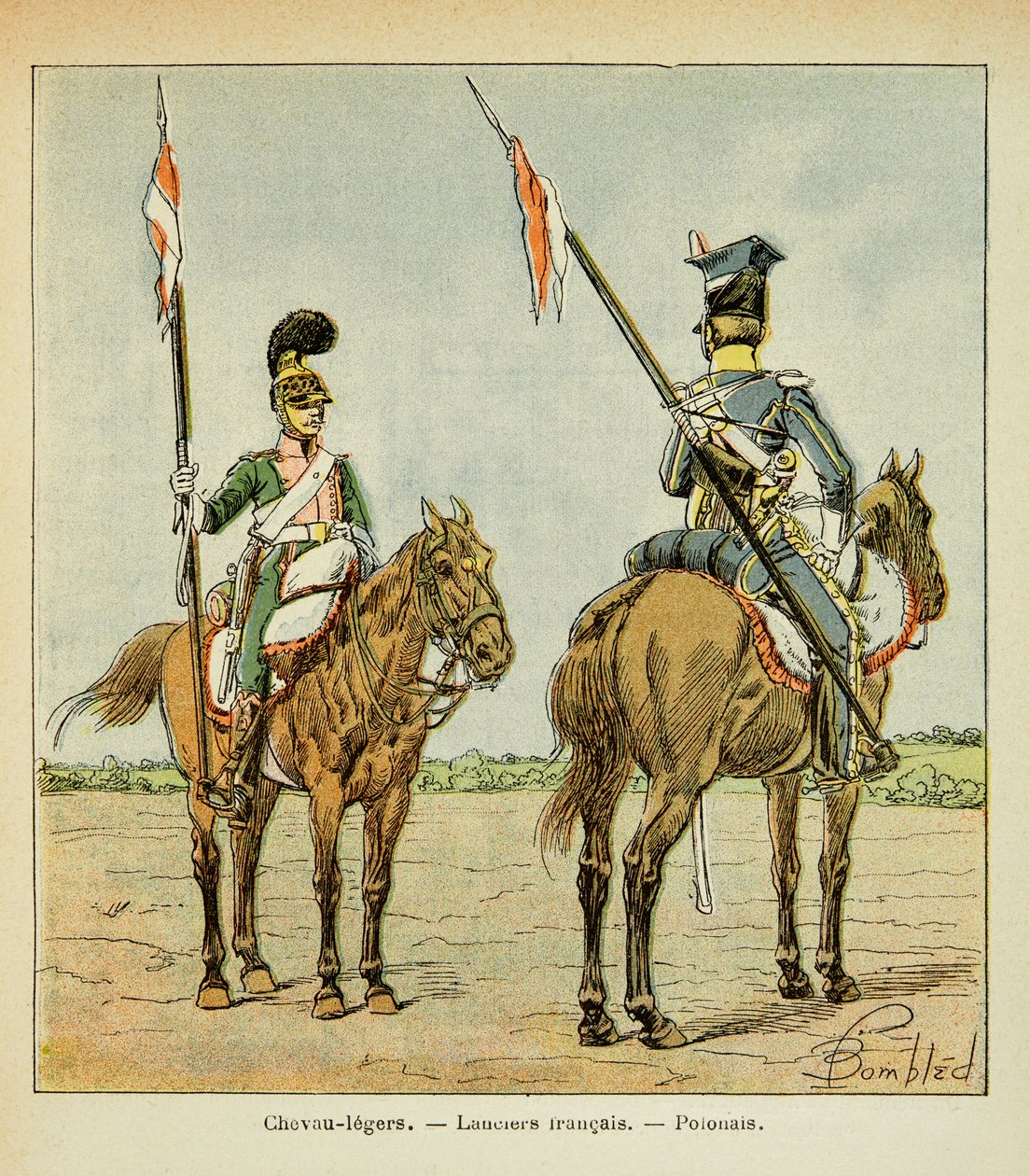 Ilustração de Bombled Louis (1862-1927) do livro "O Memorial de Santa Helena" do Conde Emmanuel de Las Cases (1766-1842): Os Cavalos Leves da Guarda: Lancier francês e polaco, Coleção Particular de Louis Charles Bombled