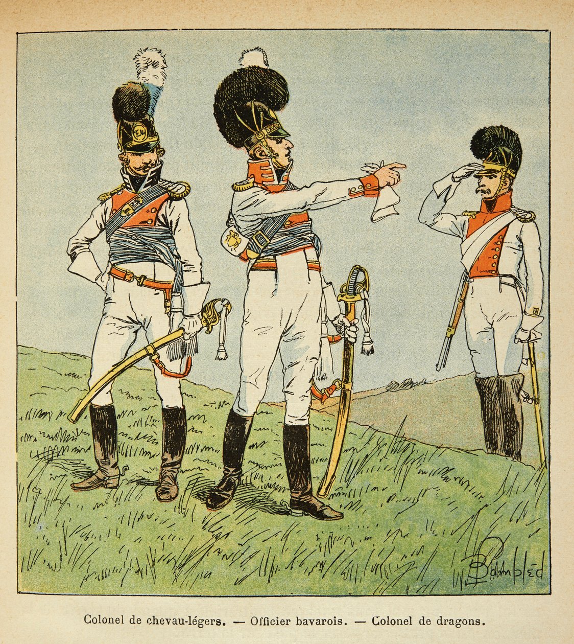 Ilustração de Bombled Louis (1862-1927) do livro "O Memorial de Santa Helena" do Conde Emmanuel de Las Cases (1766-1842): Militares Bávaros: Coronel dos Cavalos de Luz; Oficial Bávaro; Coronel dos Dragões, Coleção Particular de Louis Charles Bombled