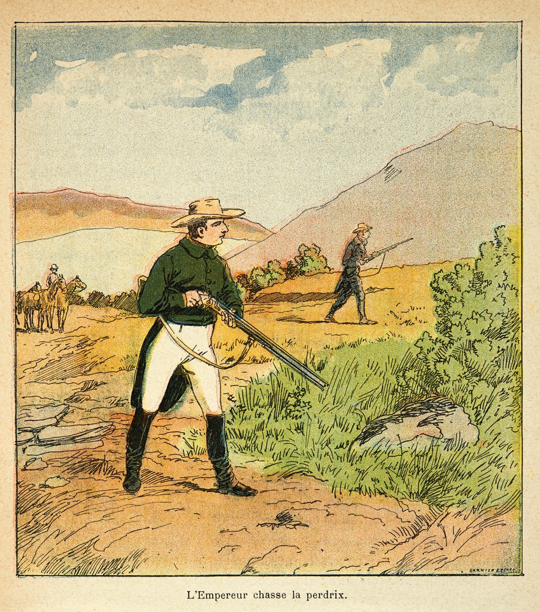 Ilustração de Bombled Louis (1862-1927) do livro "O Memorial de Santa Helena" do Conde Emmanuel de Las Cases (1766-1842): Caça a Napoleão com Las Cases em Ste Helene em agosto de 1816, Coleção Particular de Louis Charles Bombled