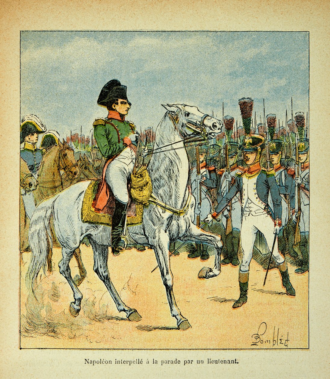 Ilustração de Bombled Louis (1862-1927) do livro "O Memorial de Santa Helena" do Conde Emmanuel de Las Cases (1766-1842): Napoleão convoca um desfile de um tenente, Coleção Particular de Louis Charles Bombled