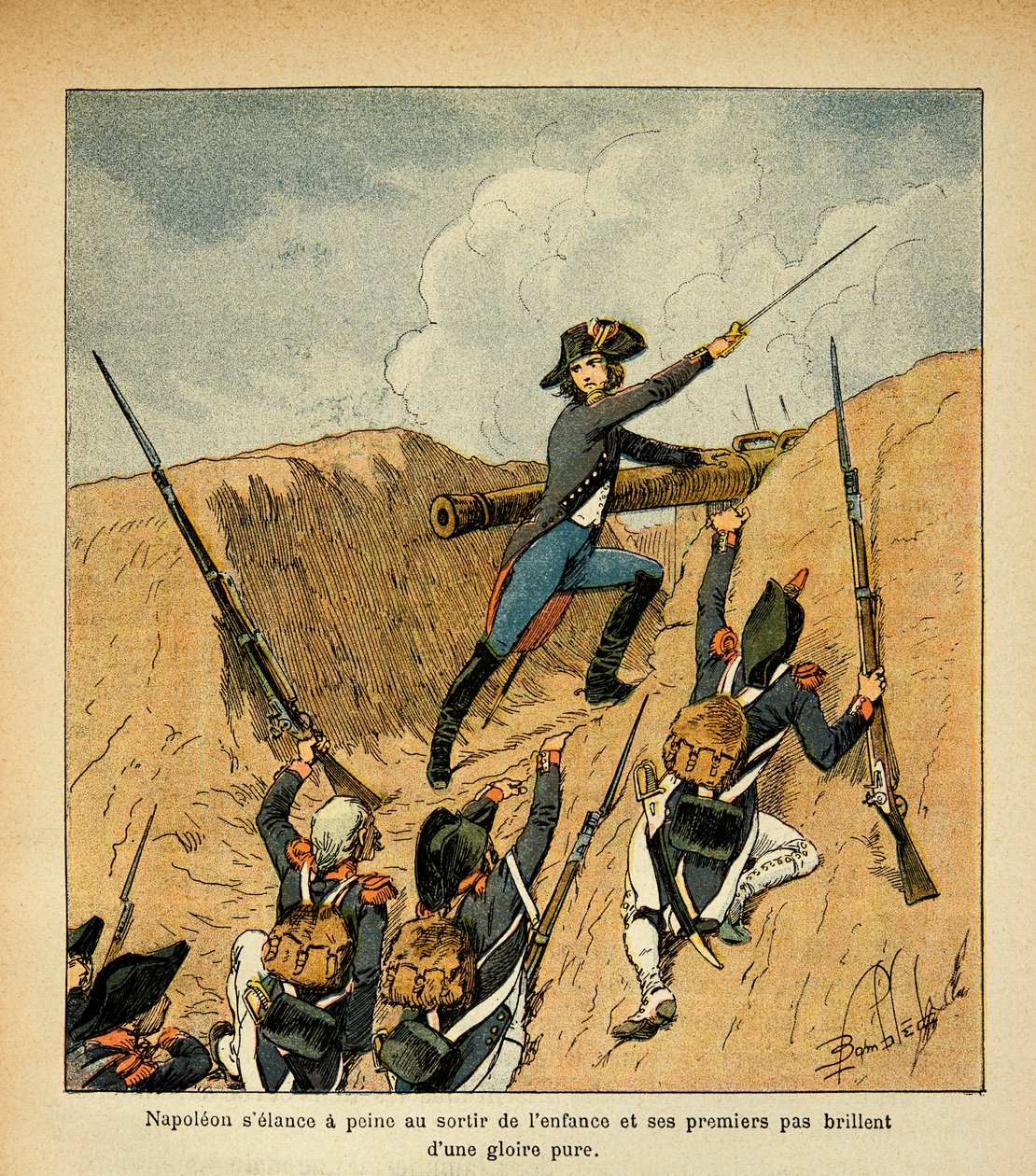 Ilustração de Bombled Louis (1862-1927) do livro "O Memorial de Santa Helena" do Conde Emmanuel de Las Cases (1766-1842);: Carga de Bonaparte à frente de suas tropas, Coleção Privada de Louis Charles Bombled