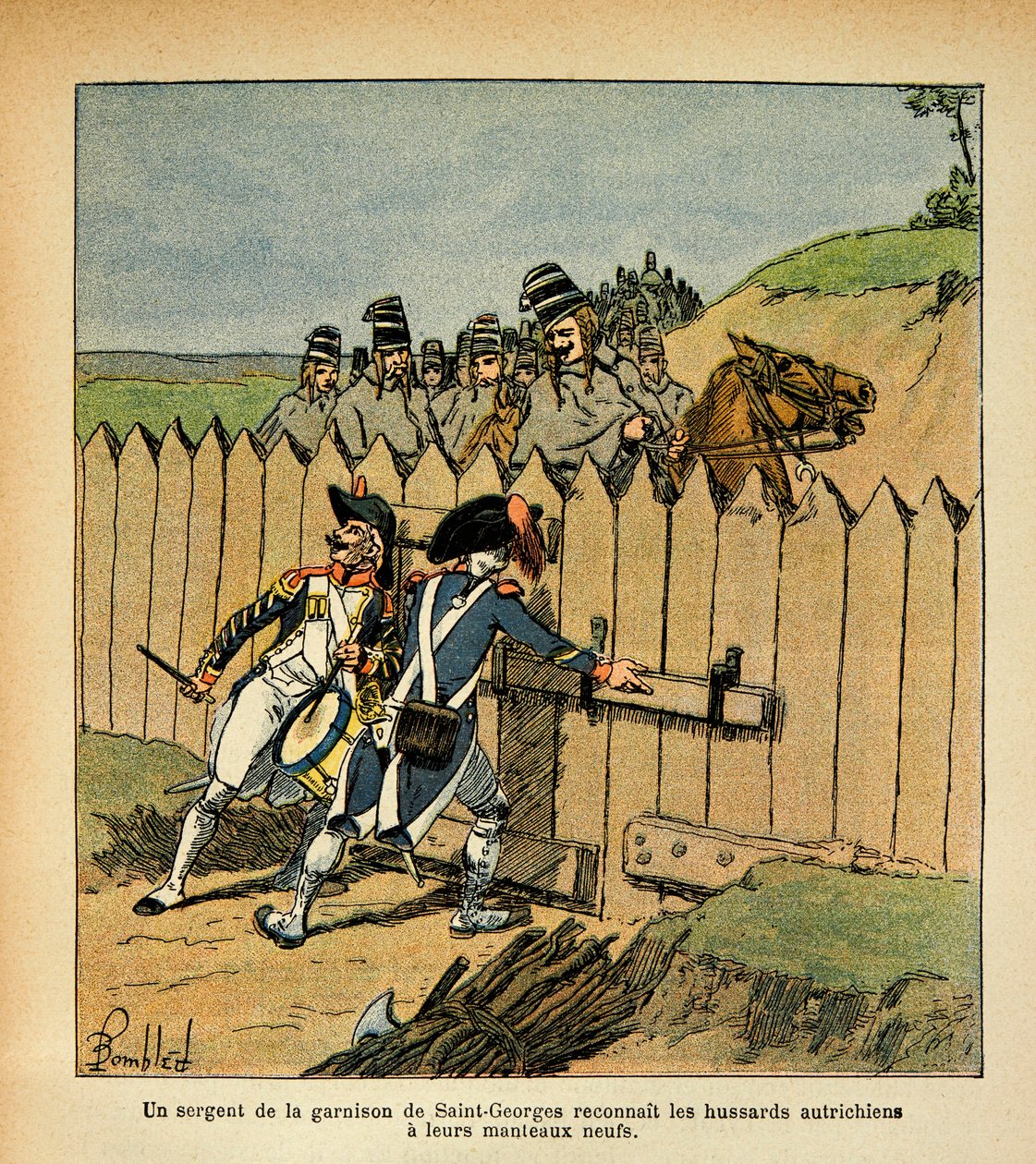 Ilustração de Bombled Louis (1862-1927) do livro "O Memorial de Santa Helena" do Conde Emmanuel de Las Cases (1766-1842): Durante a campanha italiana, um sargento da guarnição de São Jorge reconheceu os Hussardos austríacos com os seus novos casacos, Pr de Louis Charles Bombled