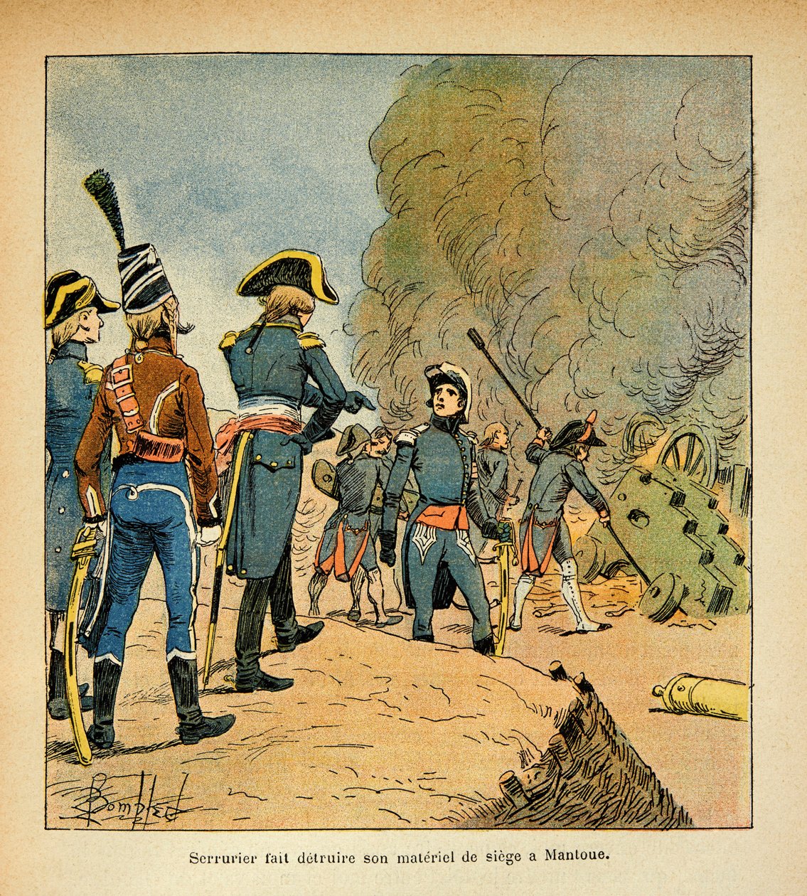 Ilustração de Bombled Louis (1862-1927) do livro "O Memorial de Santa Helena" do Conde Emmanuel de Las Cases (1766-1842): Serralheiro tem suas armas destruídas na sede de Mântua, Coleção Particular de Louis Charles Bombled