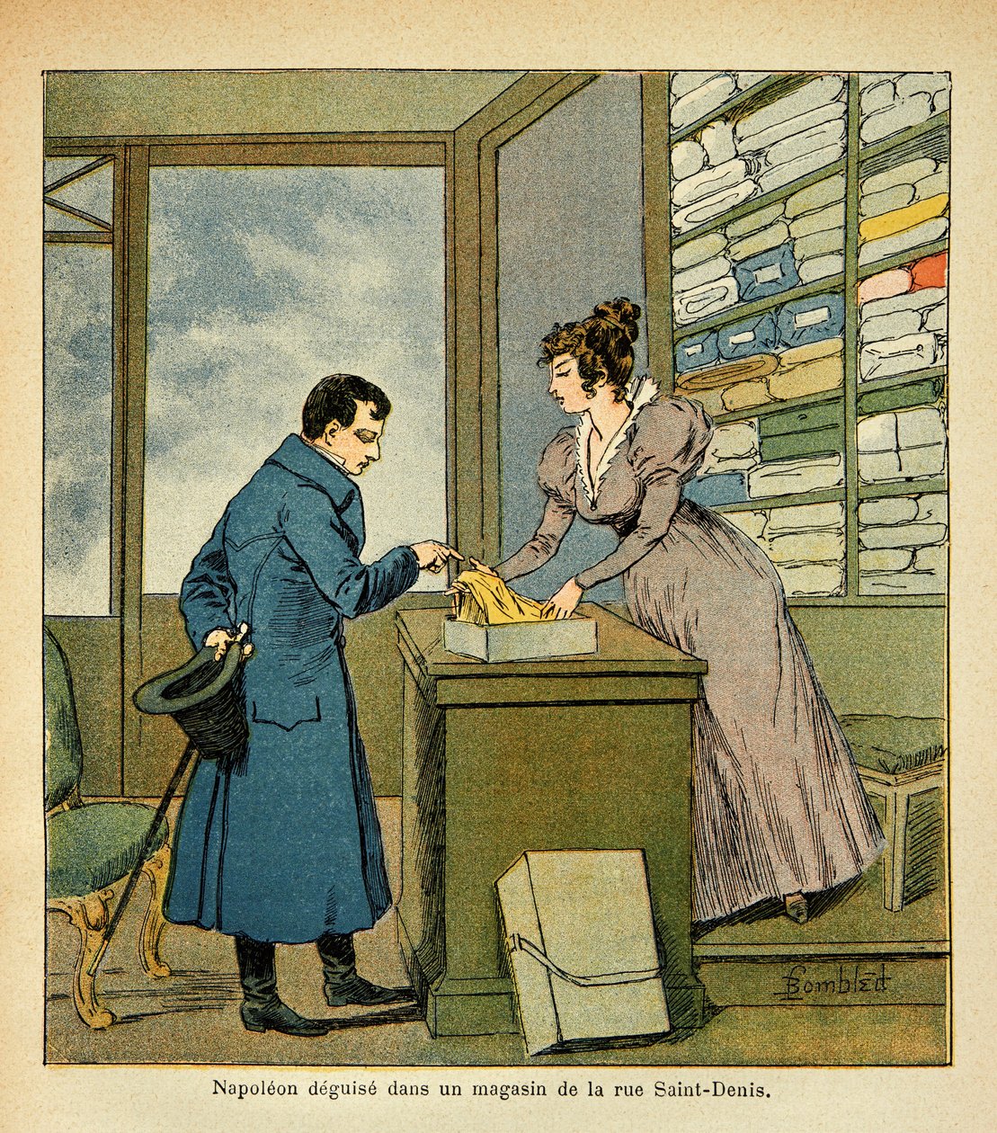 Ilustração de Bombled Louis (1862-1927) do livro "O Memorial de Santa Helena" do Conde Emmanuel de Las Cases (1766-1842): O Imperador Napoleão disfarçado em uma loja na Rua Saint Denis, Coleção Particular de Louis Charles Bombled