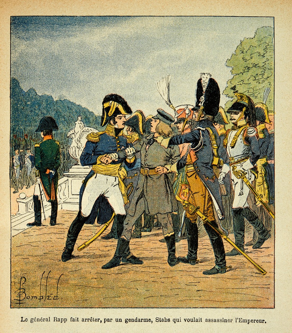 Ilustração de Bombled Louis (1862-1927) do livro "O Memorial de Santa Helena" do Conde Emmanuel de Las Cases (1766-1842): General Rapp prendendo, por um gendarme, o jovem Stabs, que queria assassinar o Imperador Napoleão, Coleção Parcial de Louis Charles Bombled