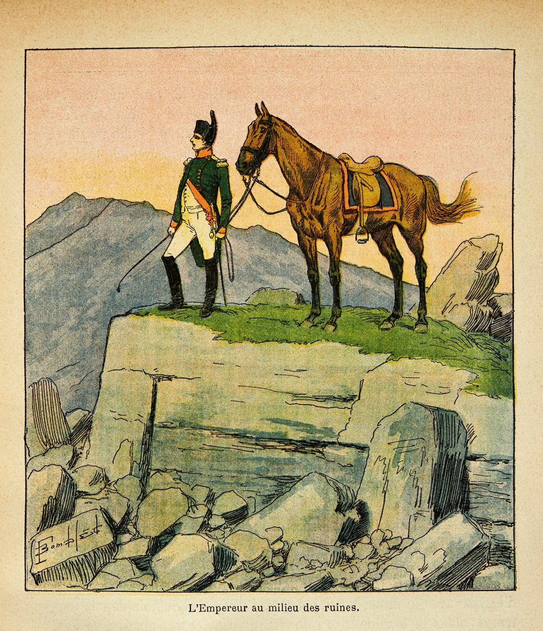 Ilustração de Bombled Louis (1862-1927) do livro "O Memorial de Santa Helena" do Conde Emmanuel de Las Cases (1766-1842): O Imperador Napoleão no meio das ruínas, Coleção Particular de Louis Charles Bombled