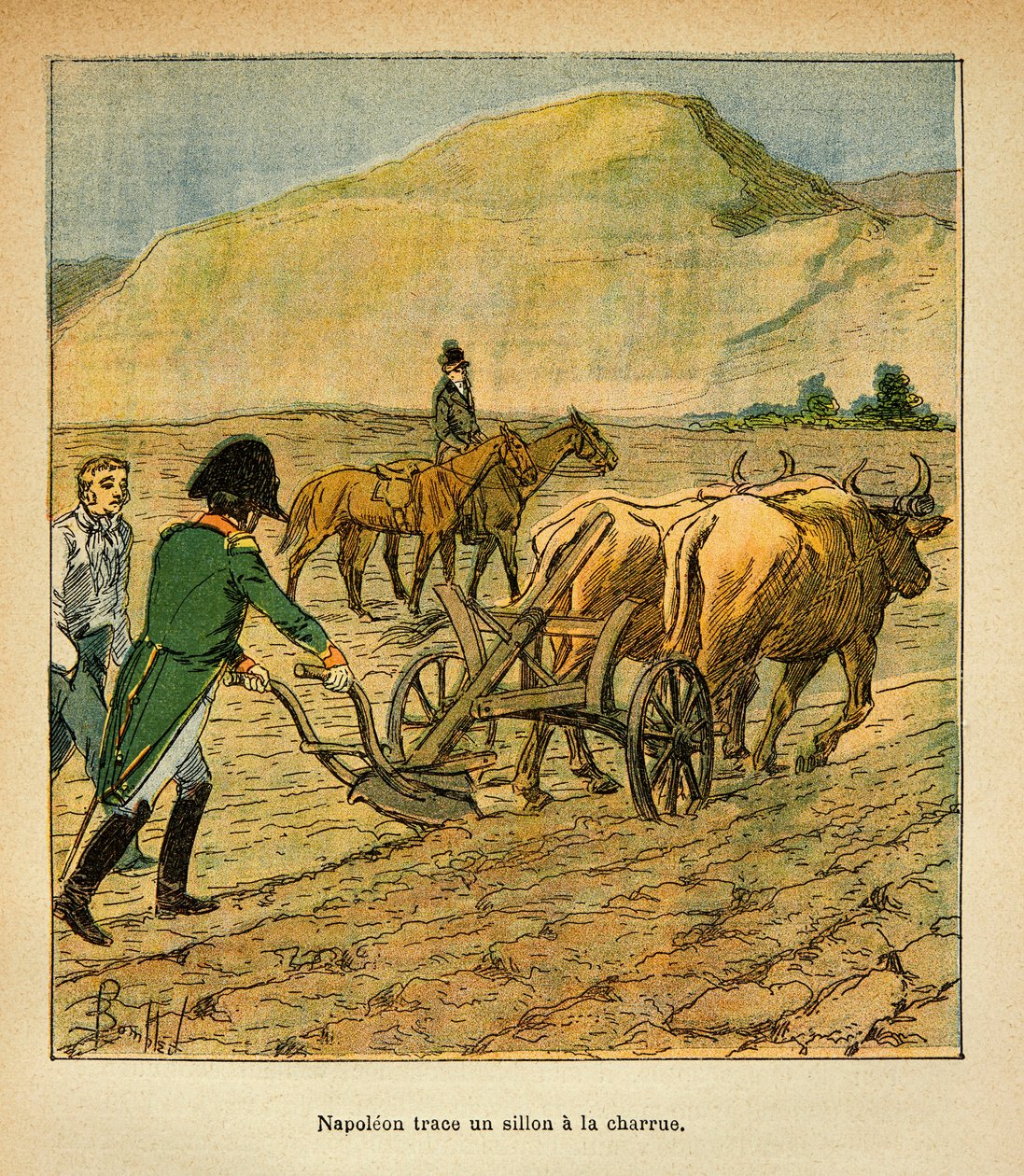Ilustração de Bombled Louis (1862-1927) do livro "O Memorial de Santa Helena" do Conde Emmanuel de Las Cases (1766-1842): Em Santa Helena, O Imperador Napoleão traça um sulco até a charrua, Coleção Particular de Louis Charles Bombled