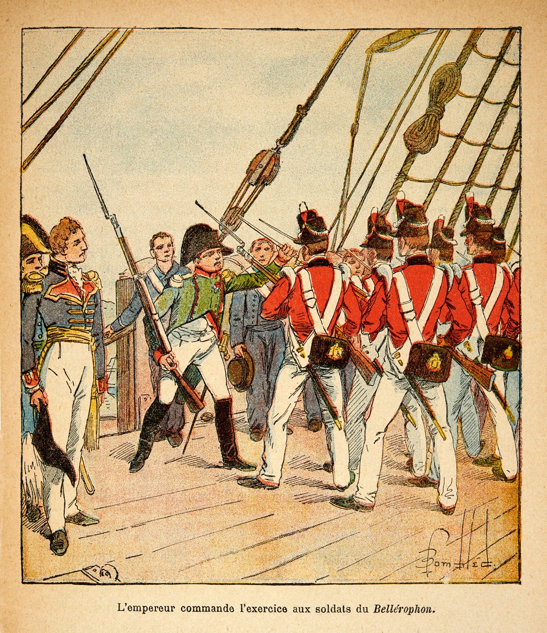 Ilustração de Bombled Louis (1862-1927) do livro "O Memorial de Santa Helena" do Conde Emmanuel de Las Cases (1766-1842): O Imperador Napoleão comanda o exercício aos soldados ingleses a bordo do Bellerophon, Coleção Privada de Louis Charles Bombled