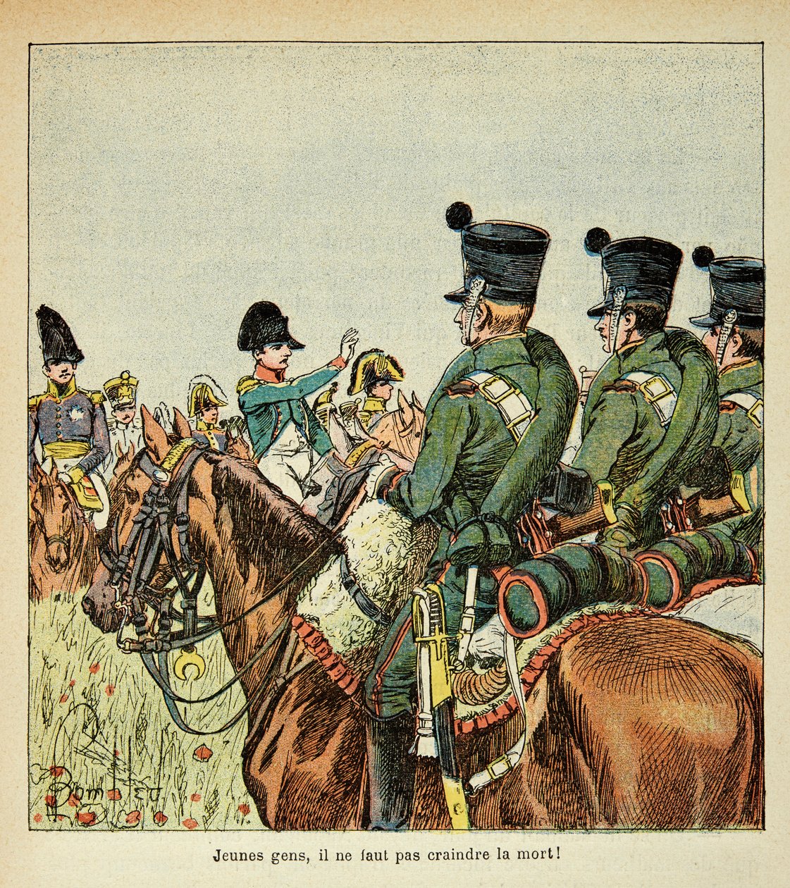 Ilustração de Bombled Louis (1862-1927) do livro "O Memorial de Santa Helena" do Conde Emmanuel de Las Cases (1766-1842): Napoleão harangue as tropas, Coleção Privada de Louis Charles Bombled