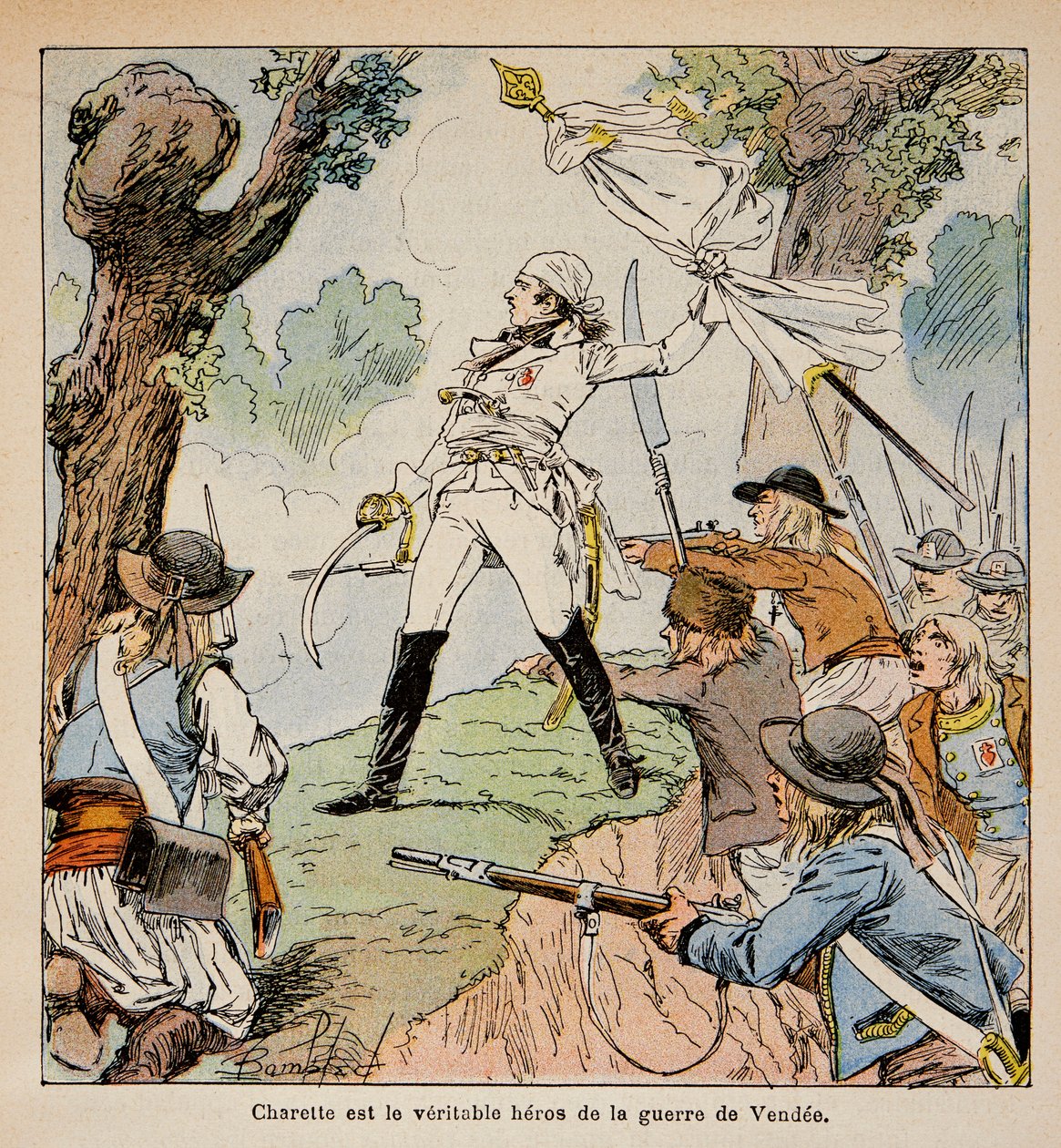Ilustração de Bombled Louis (1862-1927) do livro "O Memorial de Santa Helena" do Conde Emmanuel de Las Cases (1766-1842): Chefe Vendeen Charrette e seus apoiantes, Coleção Privada de Louis Charles Bombled