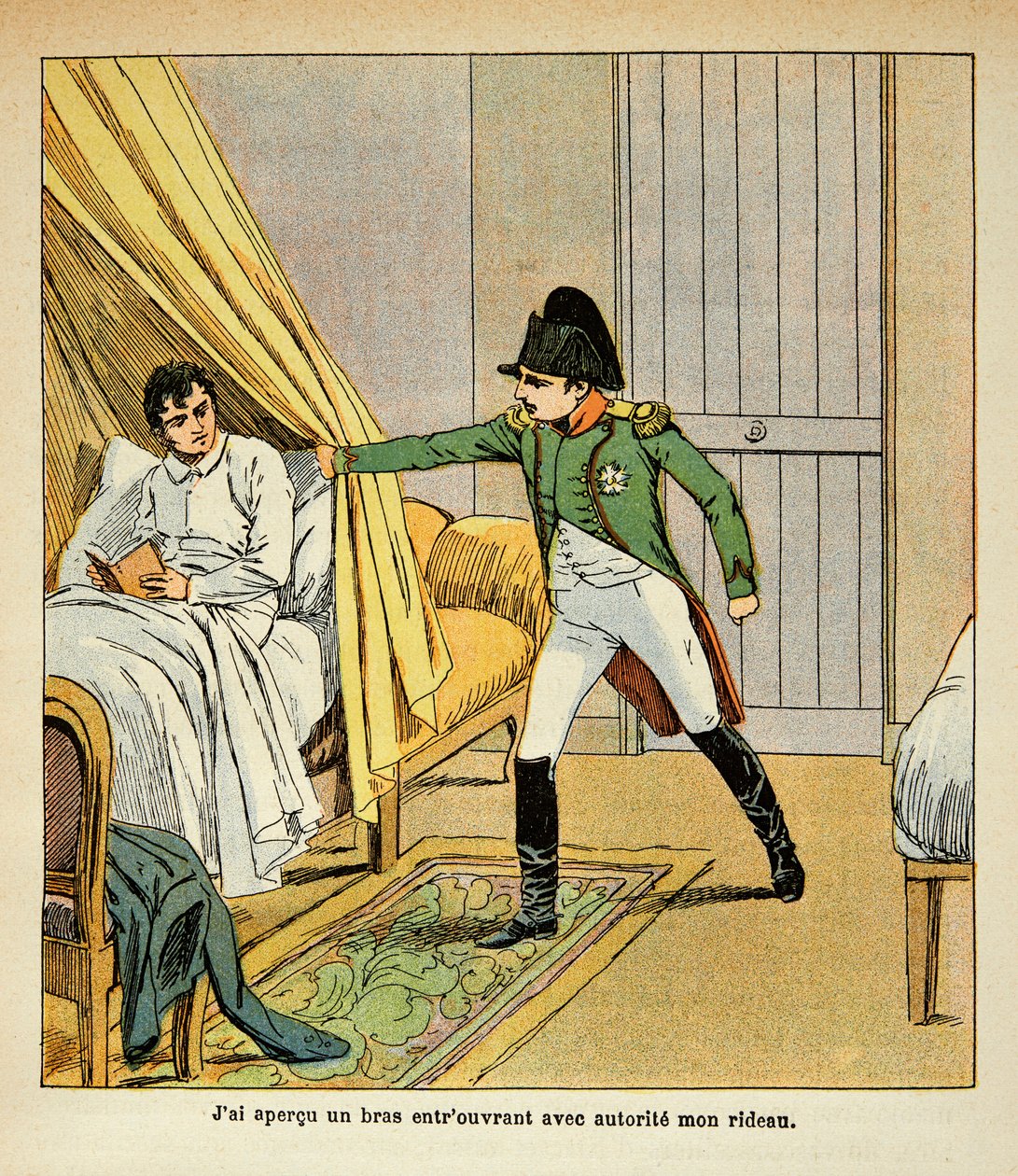 Ilustração de Bombled Louis (1862-1927) do livro "O Memorial de Santa Helena" do Conde Emmanuel de Las Cases (1766-1842): Napoleão desperta Las Cases na cama em Santa Helena, Coleção Particular de Louis Charles Bombled