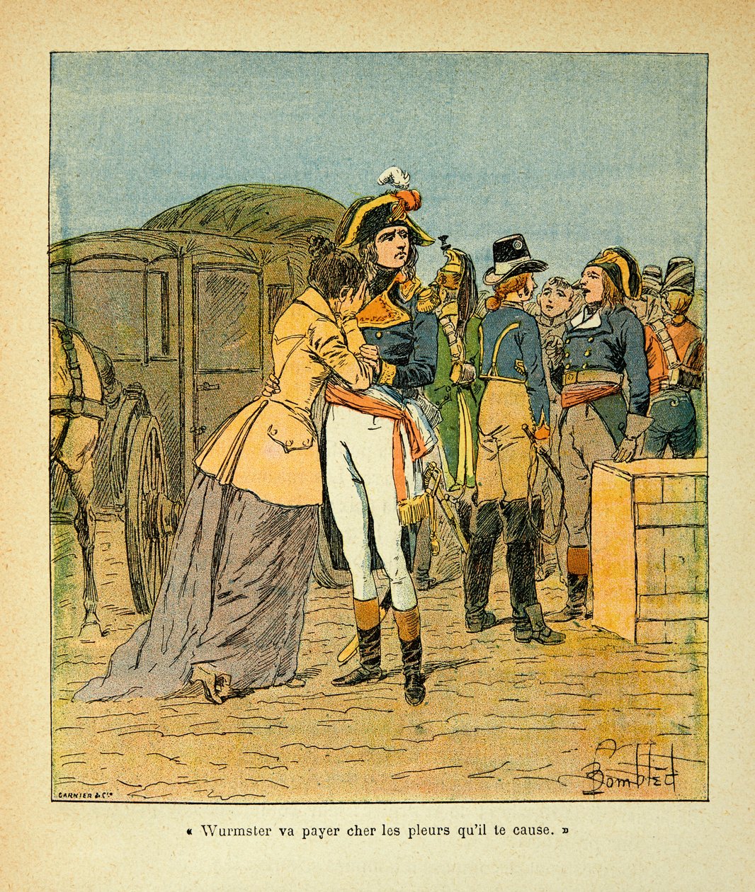Ilustração de Bombled Louis (1862-1927) do livro "O Memorial de Santa Helena" do Conde Emmanuel de Las Cases (1766-1842): Bonaparte recompensa Josefina após o ataque ao seu carro durante a campanha italiana, Coleção Privada de Louis Charles Bombled