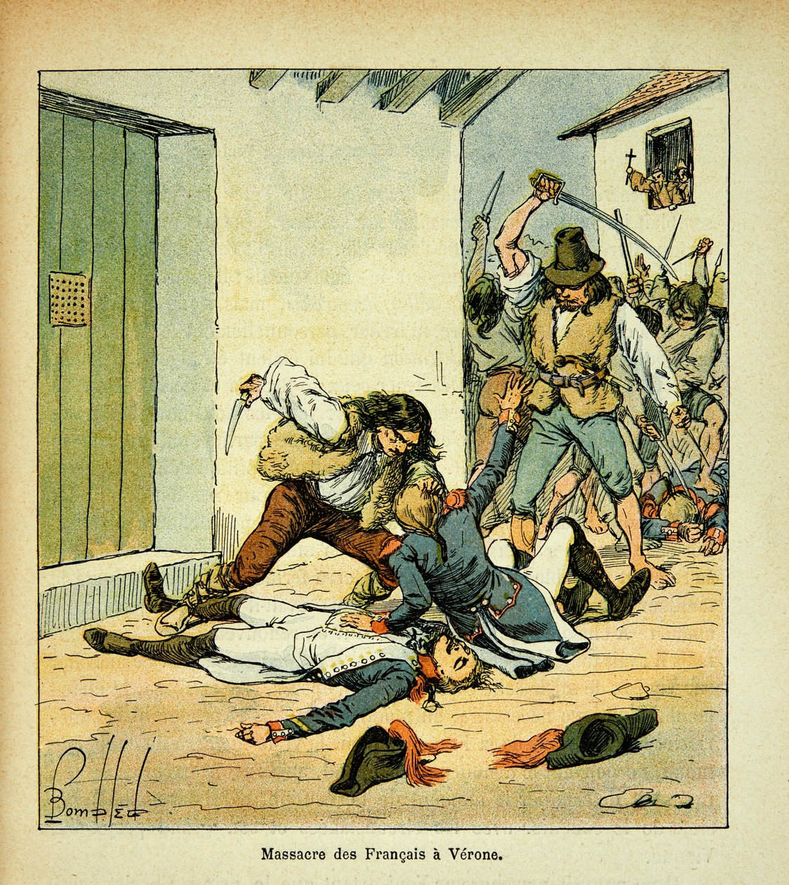 Ilustração de Bombled Louis (1862-1927) do livro "O Memorial de Santa Helena" do Conde Emmanuel de Las Cases (1766-1842): Massacre de soldados franceses em Verona, Coleção Particular de Louis Charles Bombled