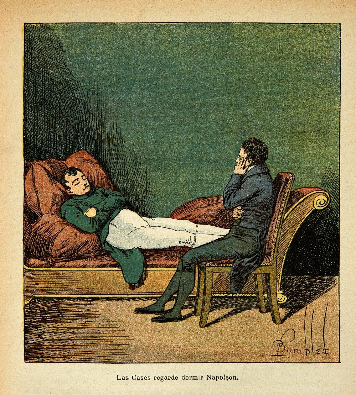 Ilustração de Bombled Louis (1862-1927) do livro "O Memorial de Santa Helena" do Conde Emmanuel de Las Cases (1766-1842): Las Cases olha para Napoleão dormindo, Coleção Particular de Louis Charles Bombled