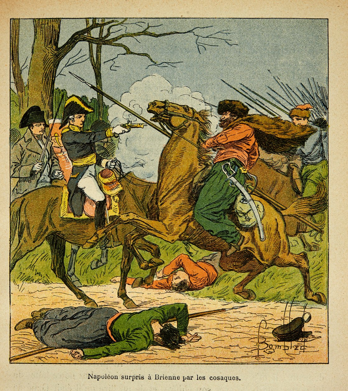 Ilustração de Bombled Louis (1862-1927) do livro "O Memorial de Santa Helena" do Conde Emmanuel de Las Cases (1766-1842): Napoleão surpreendido em Brienne por Cossacos, Coleção Privada de Louis Charles Bombled