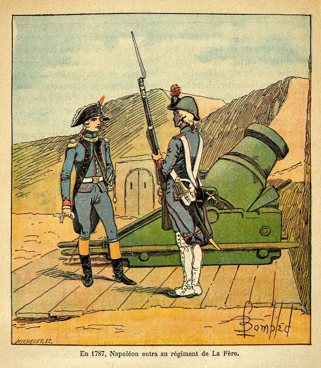 Ilustração de Bombled Louis (1862-1927) do livro "O Memorial de Santa Helena" do Conde Emmanuel de Las Cases (1766-1842): Em 1787 Napoleão Bonaparte entrou no regimento de La Fere como tenente-emsegundo, Coleção Privada de Louis Charles Bombled