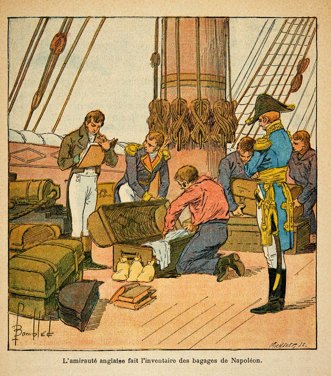Ilustração de Bombled Louis (1862-1927) do livro "O Memorial de Santa Helena" do Conde Emmanuel de Las Cases (1766-1842): O Admiraut inglês faz um inventário da bagagem do Imperador Napoleão antes de sua partida para Santa Helena em 1815, Priva de Louis Charles Bombled