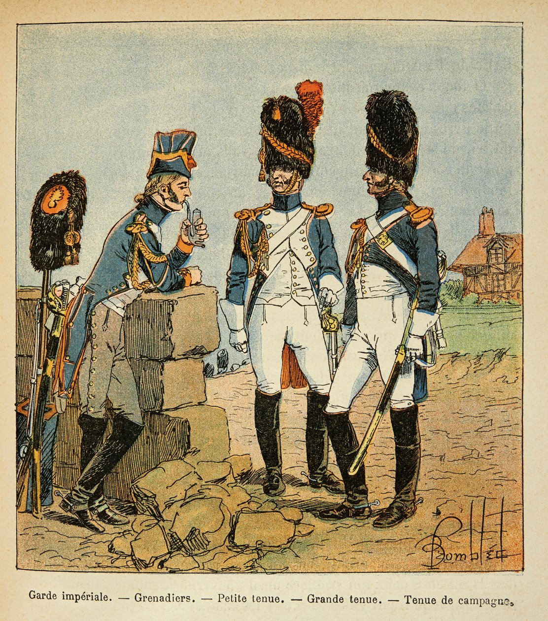 Ilustração de Bombled Louis (1862-1927) do livro "O Memorial de Santa Helena" do Conde Emmanuel de Las Cases (1766-1842): Grenadiers da Guarda Imperial: Roupa pequena; roupa grande e roupa de campo, coleção privada de Louis Charles Bombled