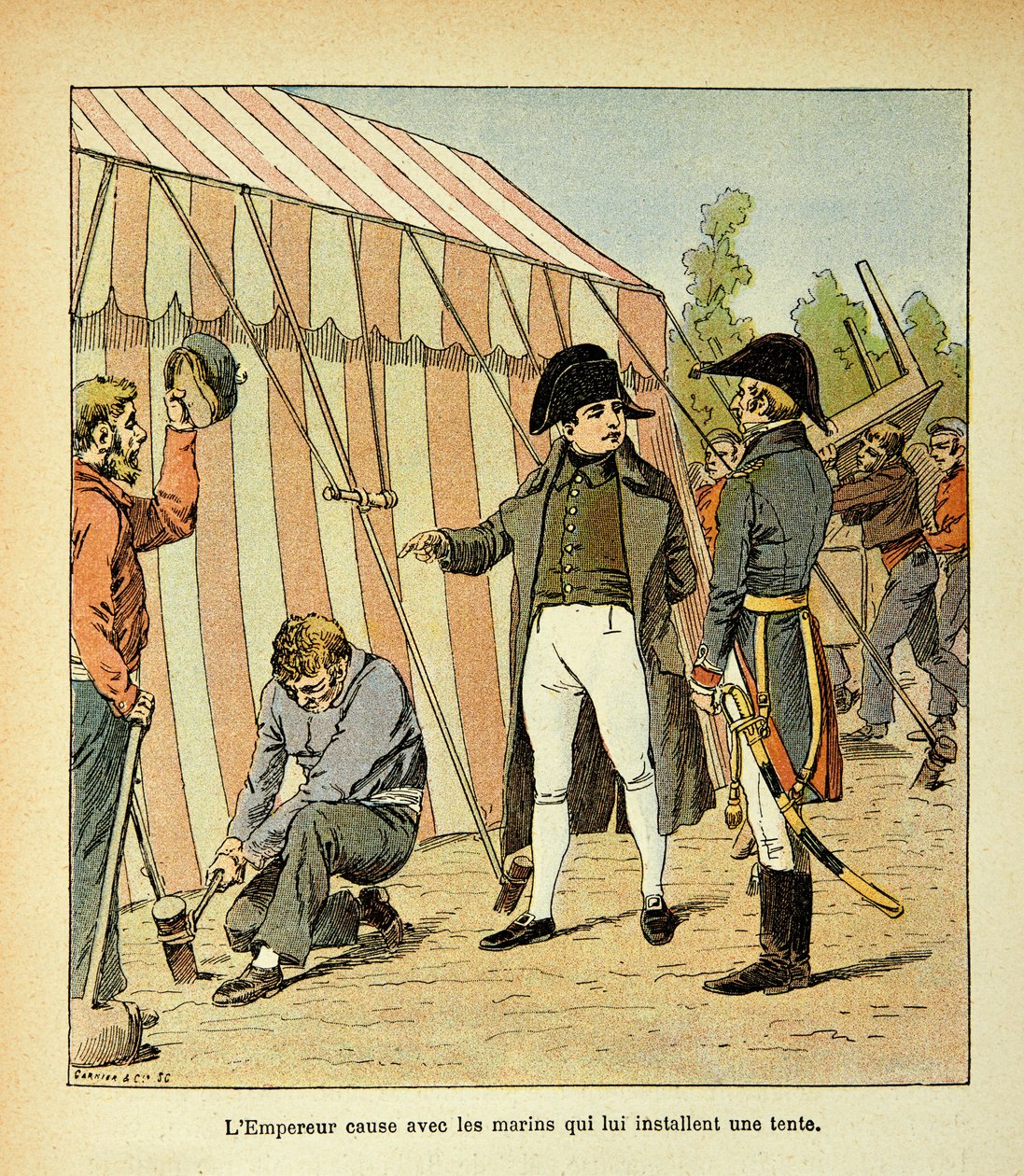 Ilustração de Bombled Louis (1862-1927) do livro "O Memorial de Santa Helena" do Conde Emmanuel de Las Cases (1766-1842): O Imperador Napoleão fala com os marinheiros que lhe montaram uma tenda, Coleção Particular de Louis Charles Bombled