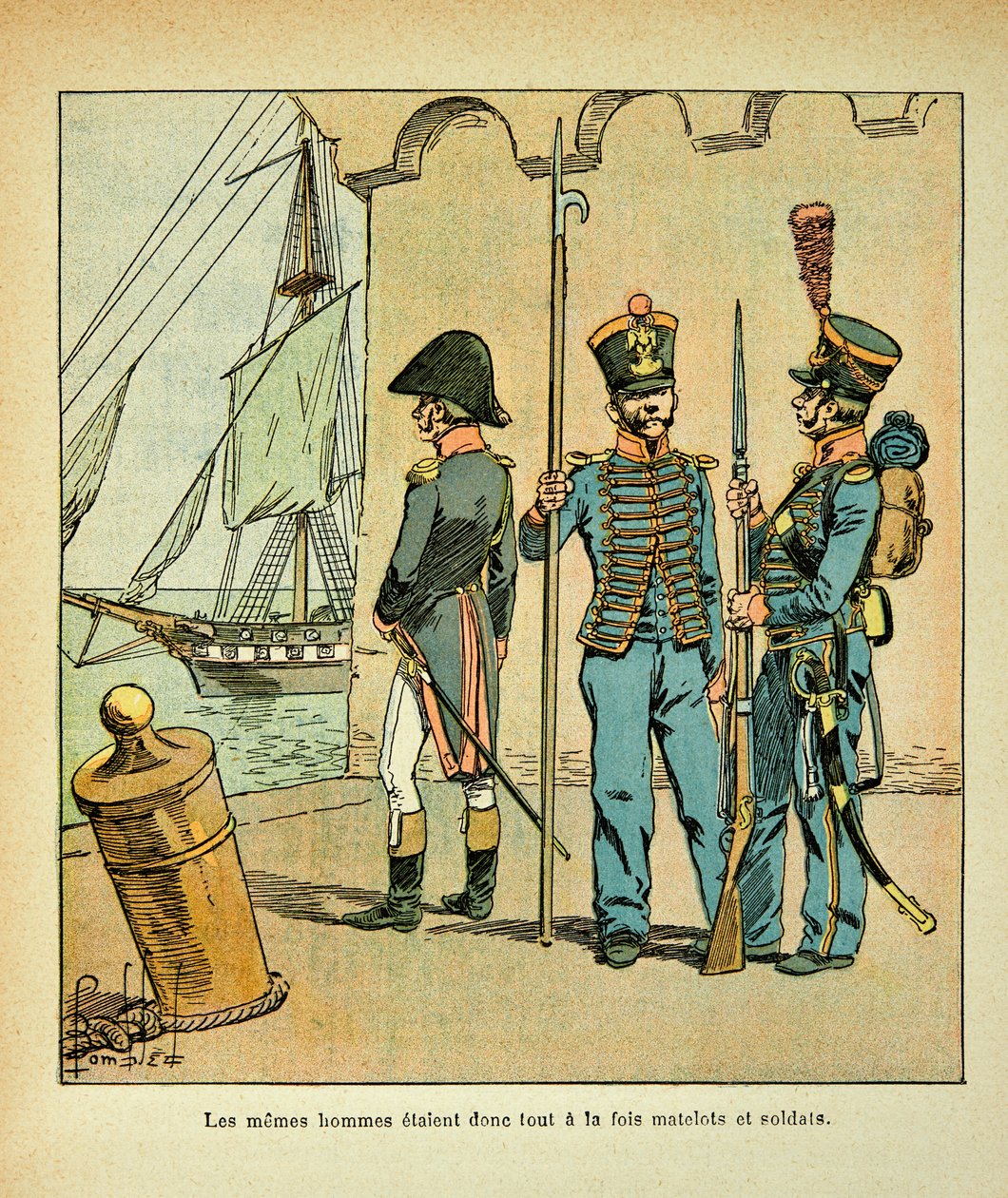 Ilustração de Bombled Louis (1862-1927) do livro "O Memorial de Santa Helena" do Conde Emmanuel de Las Cases (1766-1842): Marinheiro e soldado francês, Coleção Privada de Louis Charles Bombled