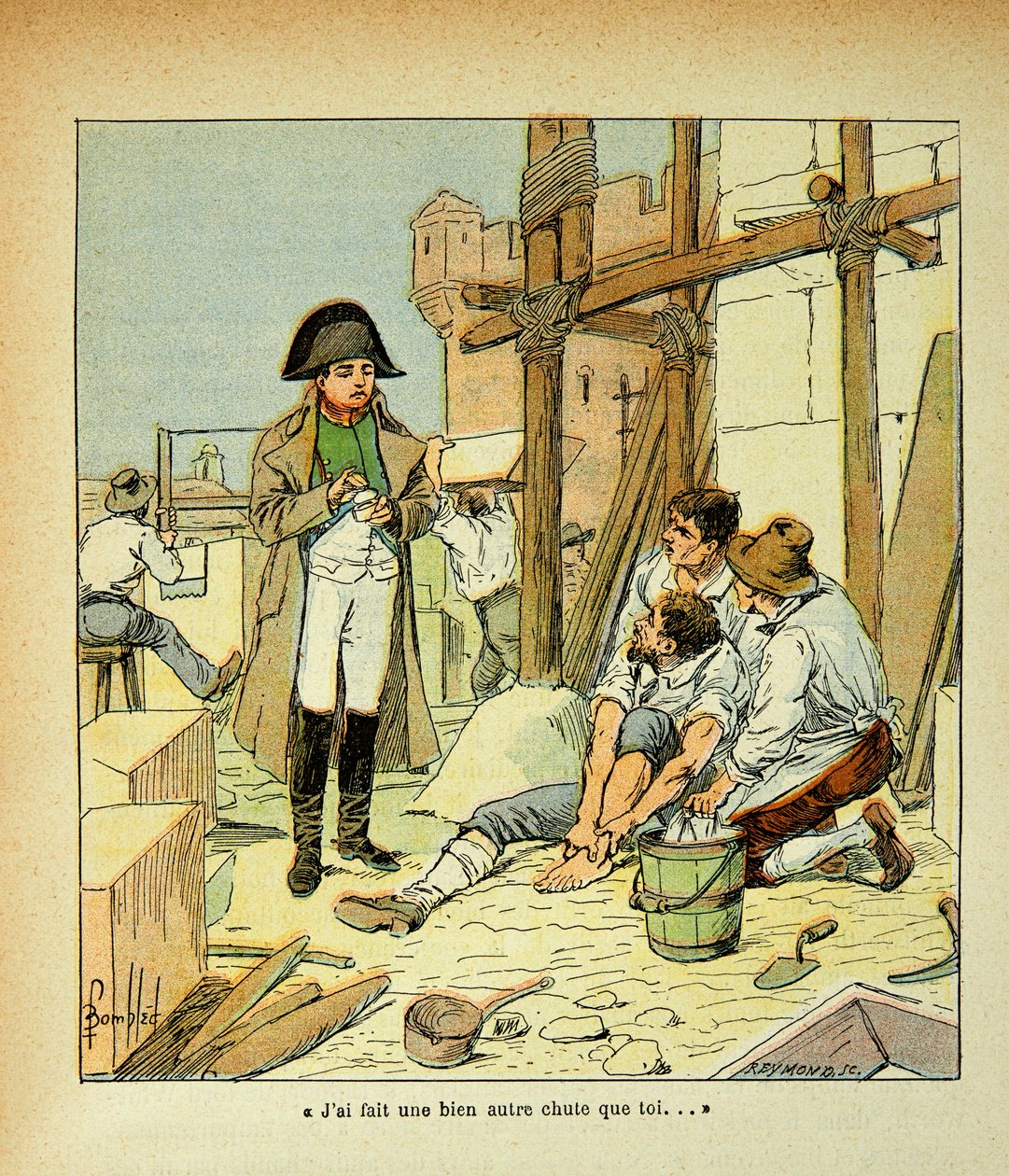 Ilustração de Bombled Louis (1862-1927) do livro "O Memorial de Santa Helena" do Conde Emmanuel de Las Cases (1766-1842): Na ilha de Elba, um macon empregado nos edifícios ordenados pelo Imperador era um túmulo. Napoleão tentando confortá-lo, disse de Louis Charles Bombled