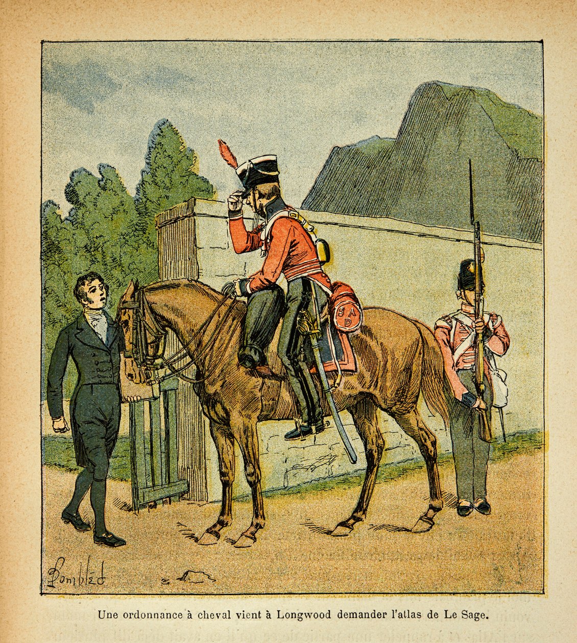 Ilustração de Bombled Louis (1862-1927) do livro "O Memorial de Santa Helena" do Conde Emmanuel de Las Cases (1766-1842): Uma ordenança a um cavalo chega a Longwood pedindo o atlas de Le Sage, Coleção Parcial de Louis Charles Bombled
