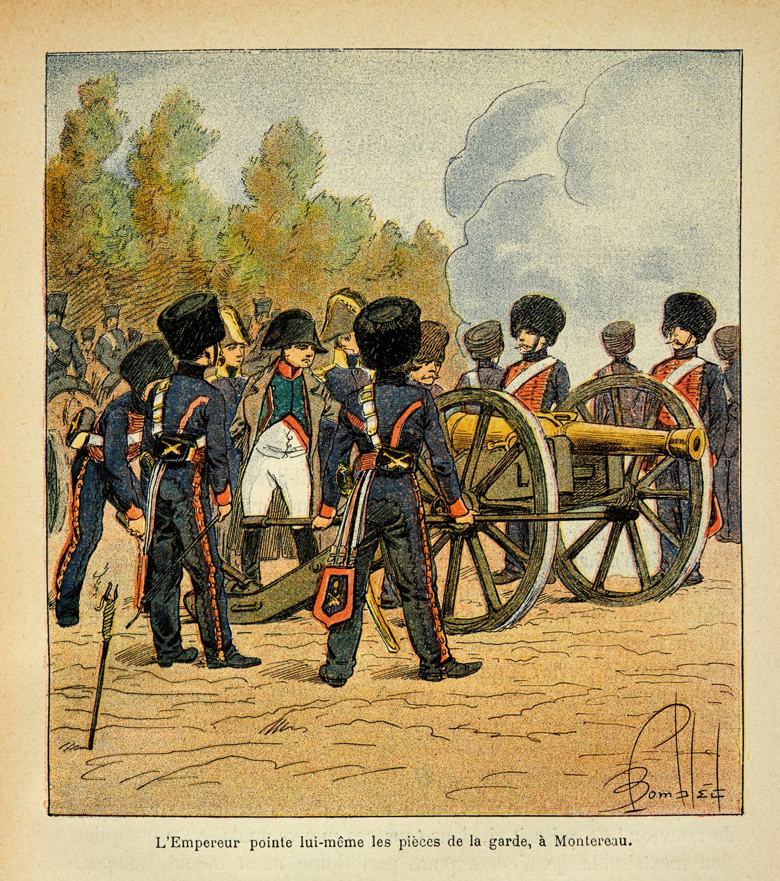 Ilustração de Bombled Louis (1862-1927) do livro "O Memorial de Santa Helena" do Conde Emmanuel de Las Cases (1766-1842): O próprio Imperador Napoleão aponta as armas da Guarda na Batalha de Montereau, Coleção Particular de Louis Charles Bombled