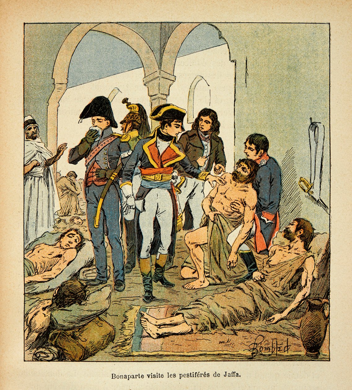 Ilustração de Bombled Louis (1862-1927) do livro "O Memorial de Santa Helena" do Conde Emmanuel de Las Cases (1766-1842): Bonaparte visita os pestilentos de Jaffa, Coleção Particular de Louis Charles Bombled