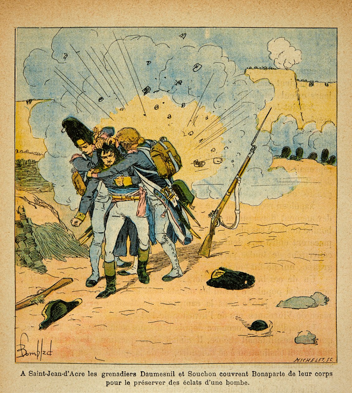 Ilustração de Bombled Louis (1862-1927) do livro "O Memorial de Santa Helena" do Conde Emmanuel de Las Cases (1766-1842): No cerco de São João do Acre, os granadeiros Pierre Daumesnil e Souchon (Claude Souchon de Chanron de Louis Charles Bombled