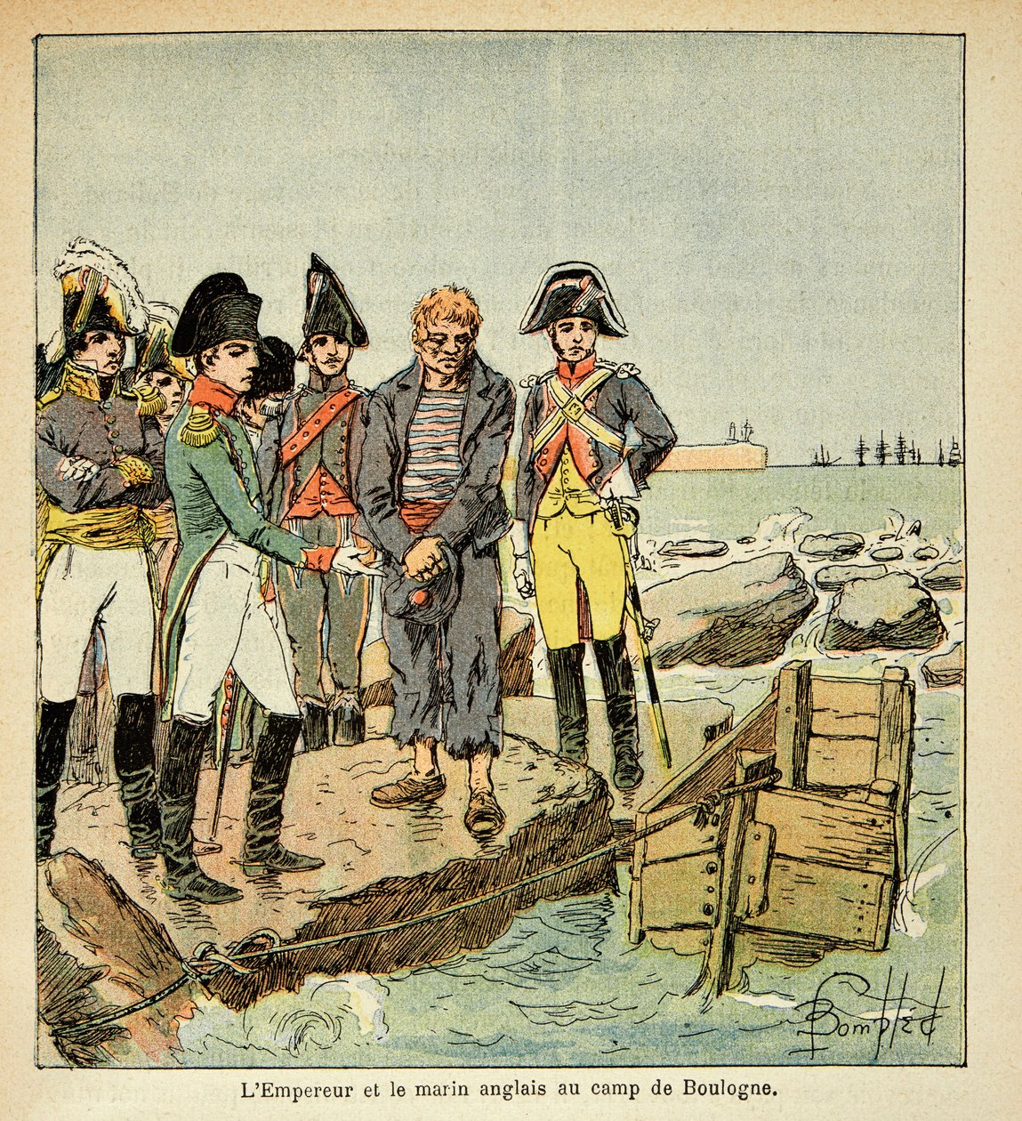 Ilustração de Bombled Louis (1862-1927) do livro "O Memorial de Santa Helena" do Conde Emmanuel de Las Cases (1766-1842): Um marinheiro inglês que procura juntar-se ao seu país libertado pelo Imperador no acampamento de Boulogne, Coleção Particular de Louis Charles Bombled