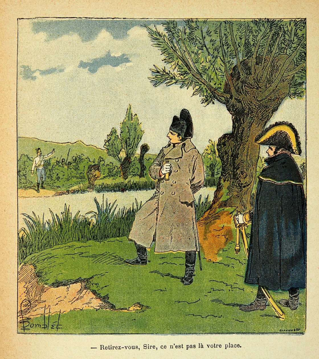 Ilustração de Bombled Louis (1862-1927) do livro "The Memorial of St. Helene" do Conde Emmanuel de Las Cases (1766-1842): Na ilha de Laubo, durante a batalha de Esling, Napoleão arriscando-se, um oficial austríaco chama o Imperador "Withdr de Louis Charles Bombled