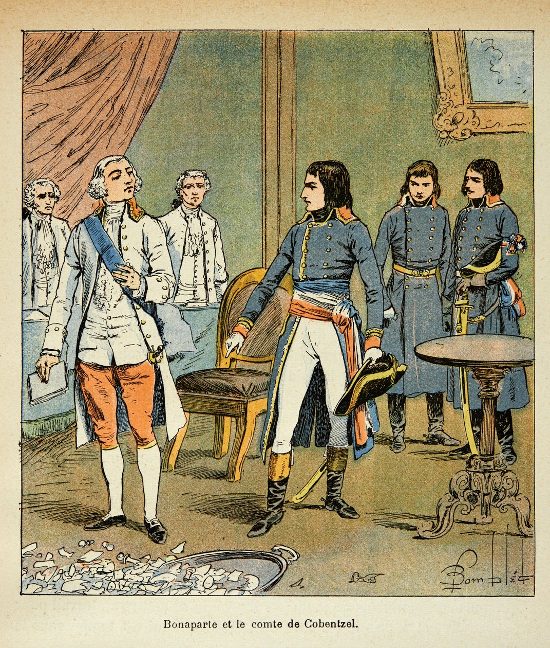 Ilustração de Bombled Louis (1862-1927) do livro "The Memorial of St. Helene" do Conde Emmanuel de Las Cases (1766-1842): Entrevista entre Bonaparte e o Conde Louis Cobenzl, Chanceler da Áustria durante o comércio de Campo Formio, Coleção Privada de Louis Charles Bombled