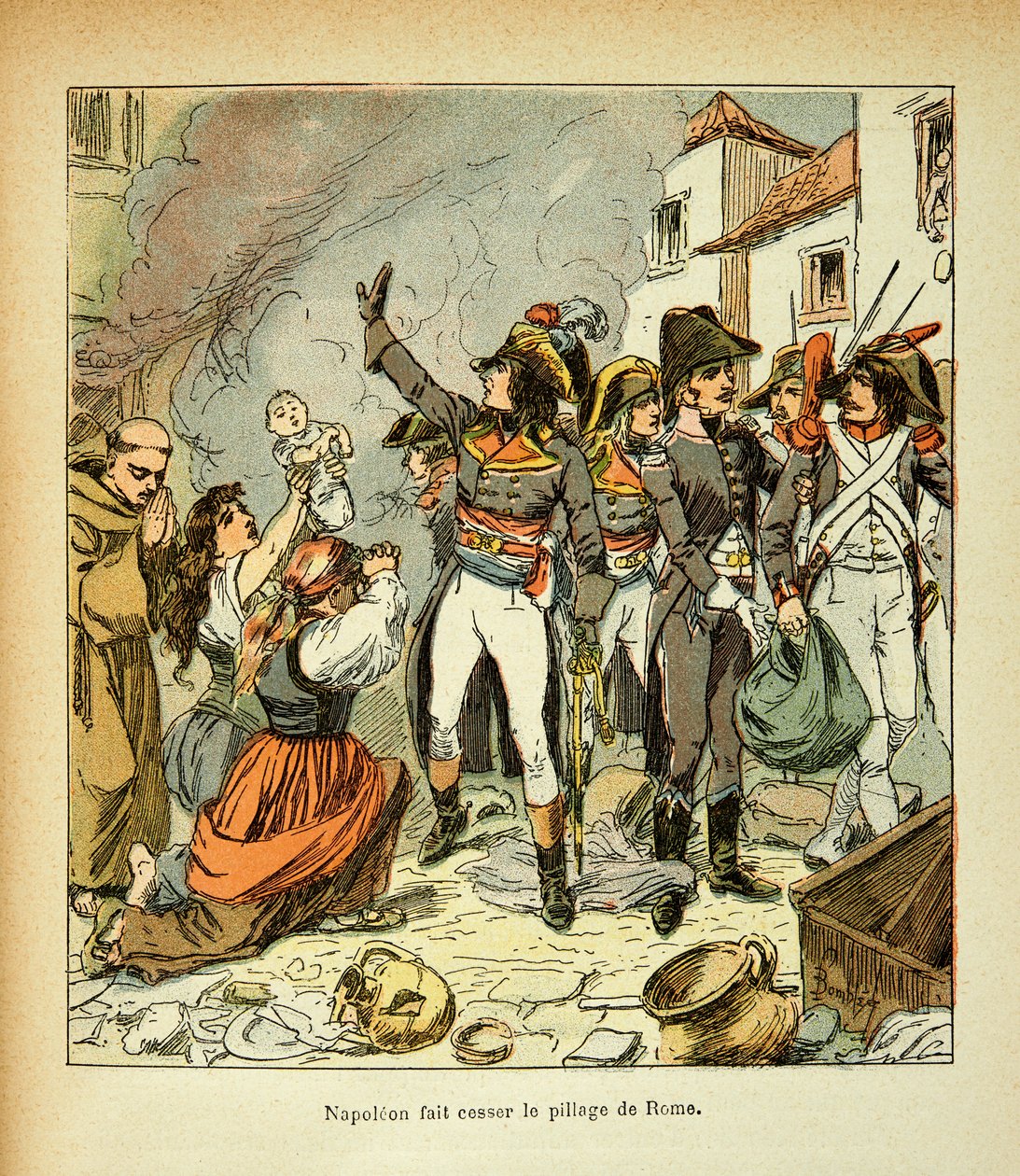 Ilustração de Bombled Louis (1862-1927) do livro "The Memorial of St. Helene" do Conde Emmanuel de Las Cases (1766-1842): Bonaparte cessa o saque de Roma, Coleção Particular de Louis Charles Bombled