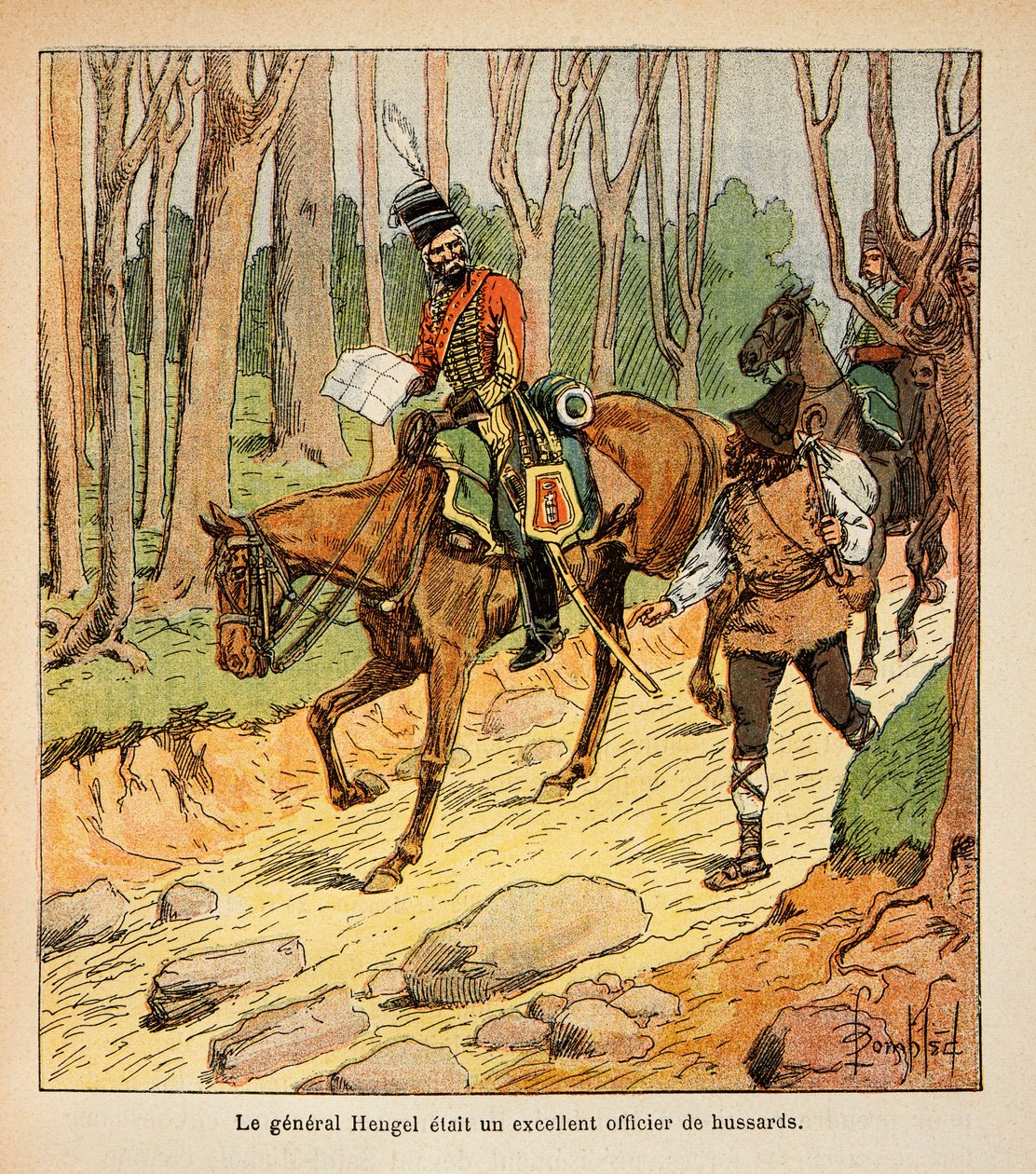 Ilustração de Bombled Louis (1862-1927) do livro "The Memorial of St. Helene" do Conde Emmanuel de Las Cases (1766-1842): General Hengel, oficial de Hussardos durante a Campanha Italiana, Coleção Privada de Louis Charles Bombled