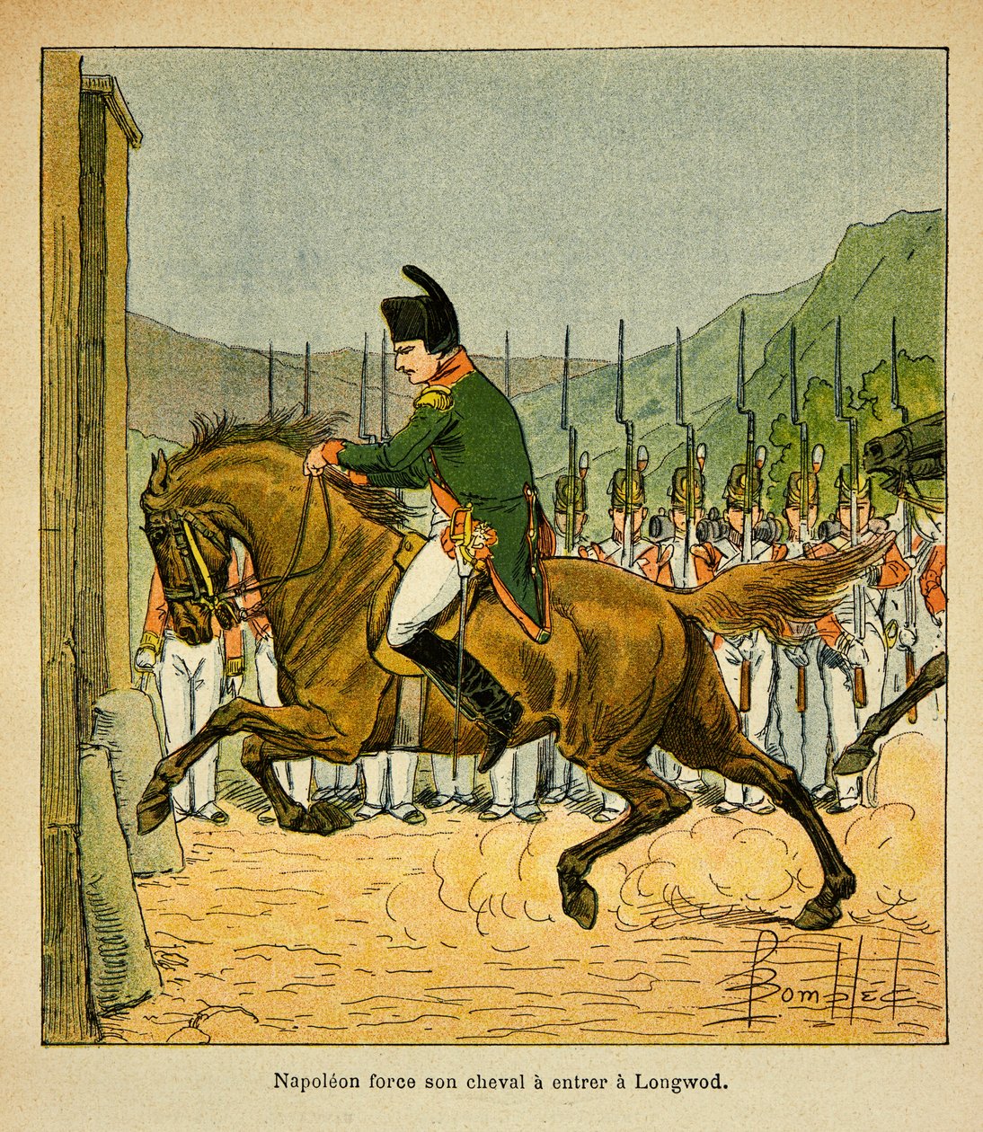 Ilustração de Bombled Louis (1862-1927) do livro "The Memorial of St. Helene" do Conde Emmanuel de Las Cases (1766-1842): O Imperador Napoleão força seu cavalo a entrar em Longwood em St. Helene, Coleção Particular de Louis Charles Bombled