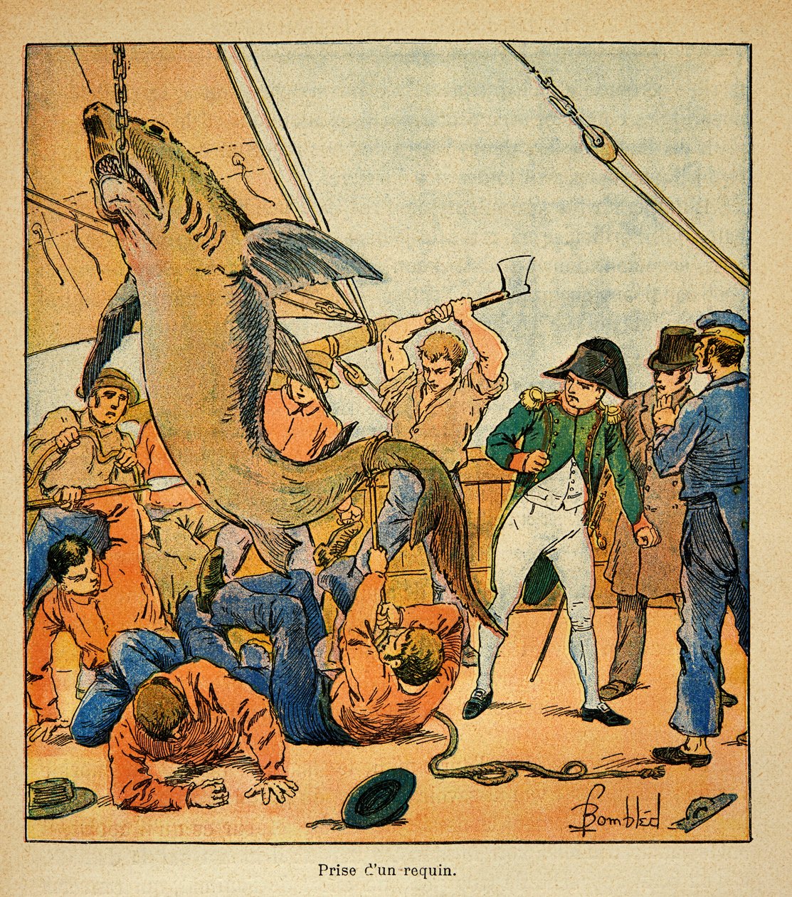 Ilustração de Bombled Louis (1862-1927) do livro "The Memorial of St. Helene" do Conde Emmanuel de Las Cases (1766-1842): O Imperador Napoleão assiste à captura de um tubarão a bordo da Northumberland, Coleção Particular de Louis Charles Bombled