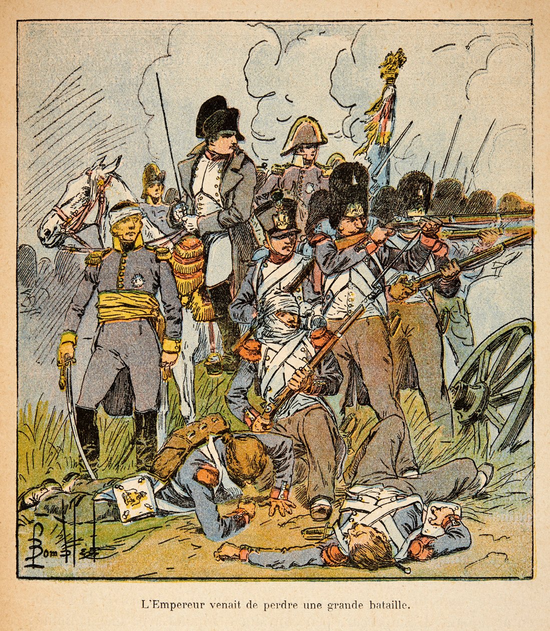 Ilustração de Bombled Louis (1862-1927) do livro "The Memorial of St. Helene" do Conde Emmanuel de Las Cases (1766-1842): O Imperador Napoleão na Batalha de Waterloo em 1815, Coleção Particular de Louis Charles Bombled