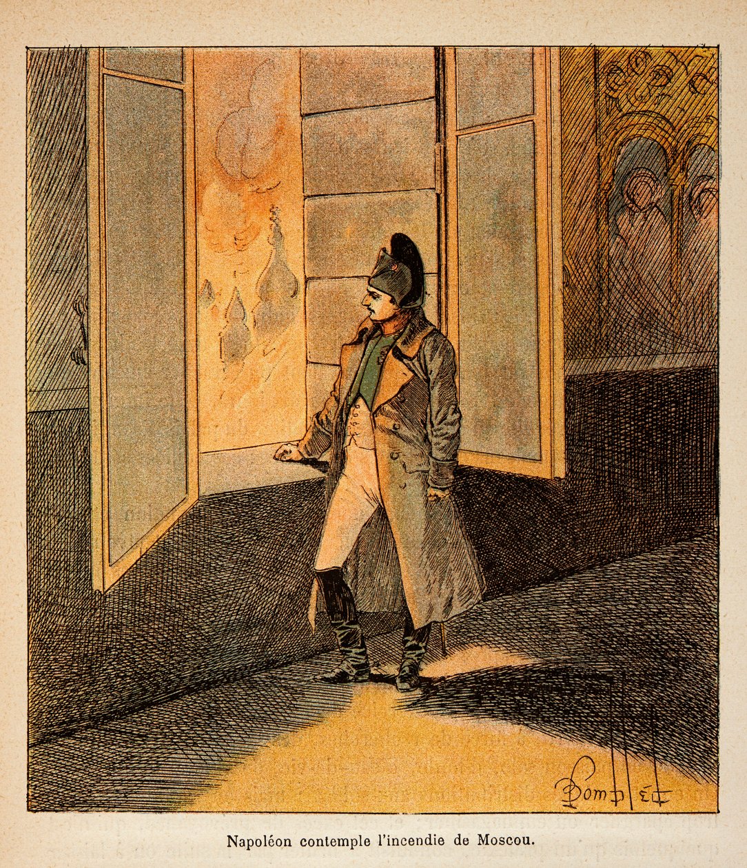 Ilustração de Bombled Louis (1862-1927) do livro "The Memorial of St. Helene" do Conde Emmanuel de Las Cases (1766-1842): O Imperador Napoleão contempla o incêndio de Moscou em setembro de 1812, Coleção Particular de Louis Charles Bombled