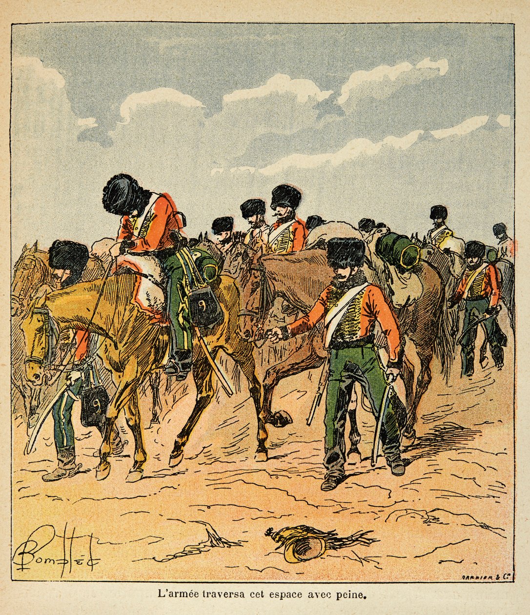 Ilustração de Bombled Louis (1862-1927) do livro "The Memorial of St. Helene" do Conde Emmanuel de Las Cases (1766-1842): O exército imperioso atravessa com dificuldade as planícies russas antes de Moscou, Coleção Privada de Louis Charles Bombled