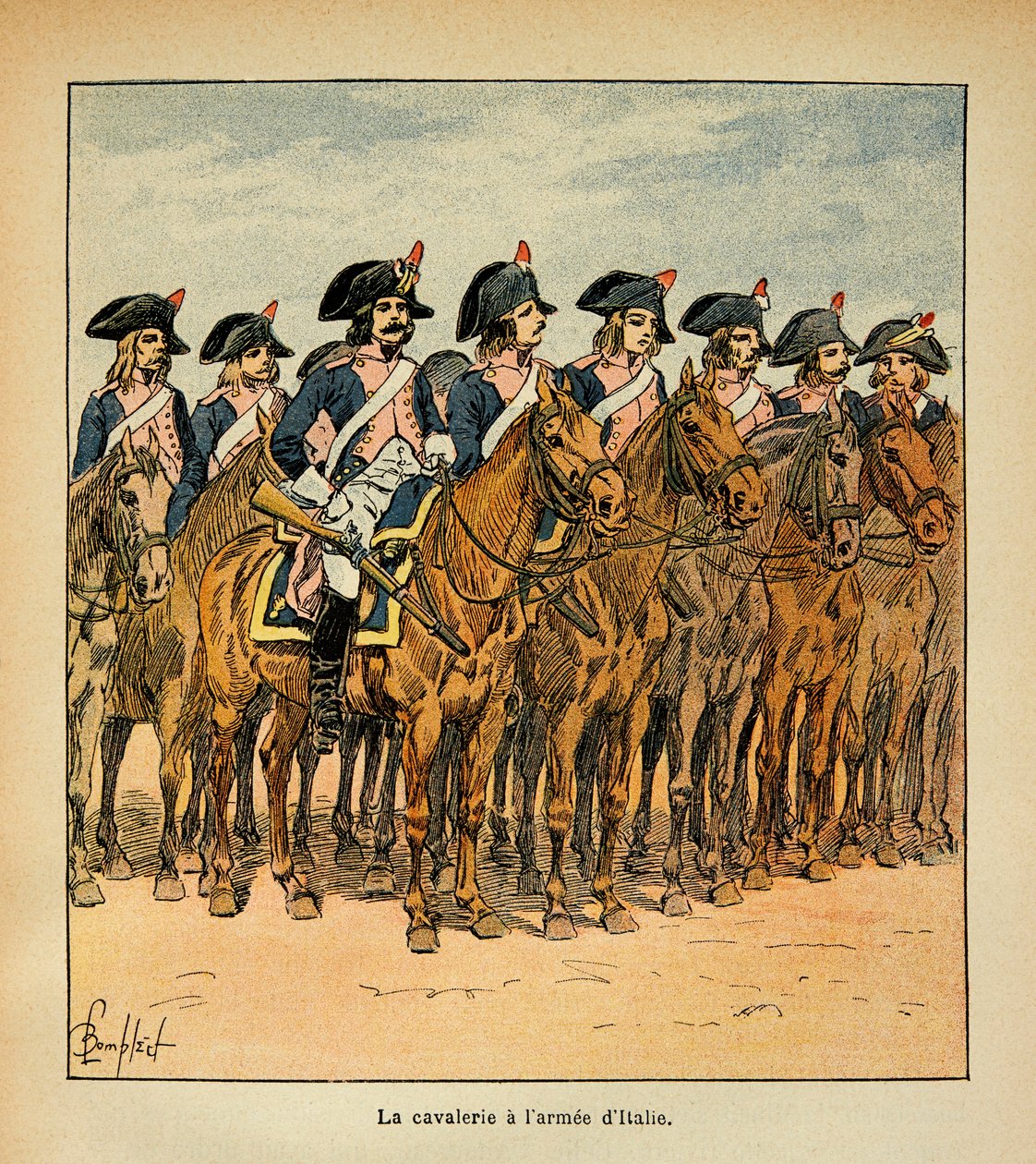 Ilustração de Bombled Louis (1862-1927) do livro "The Memorial of St. Helene" do Conde Emmanuel de Las Cases (1766-1842): Cavalaria com a Armee da Itália, Coleção Particular de Louis Charles Bombled