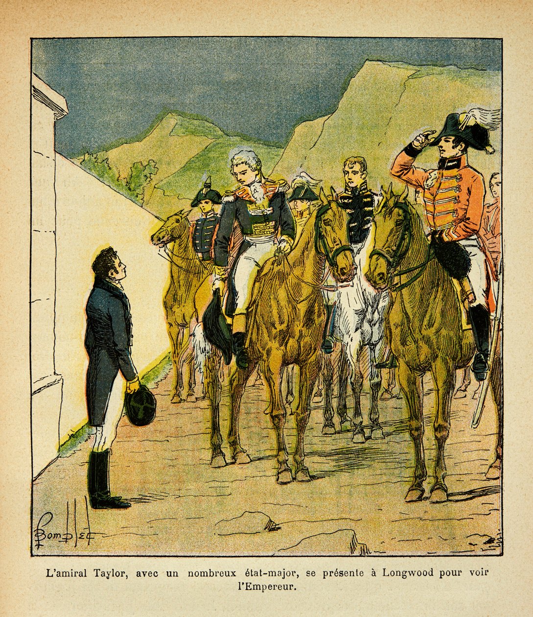 Ilustração de Bombled Louis (1862-1927) do livro "The Memorial of St. Helene" do Conde Emmanuel de Las Cases (1766-1842): O Almirante Taylor com um Estado-Maior se apresenta em Longwood para conhecer o Imperador Napoleão, Coleção Particular de Louis Charles Bombled