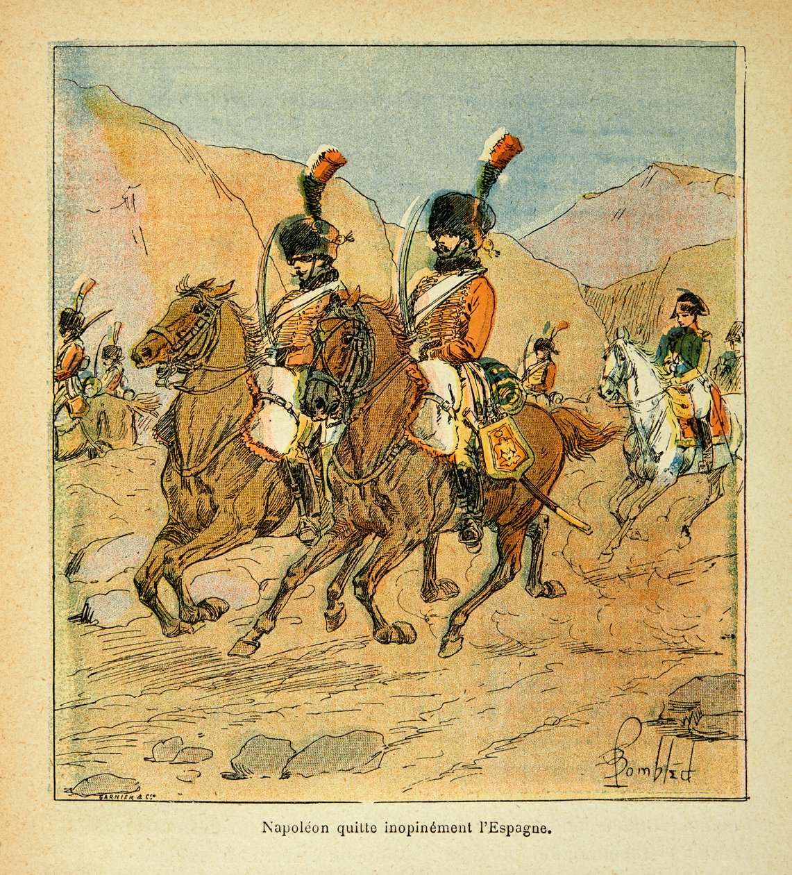 Ilustração de Bombled Louis (1862-1927) do livro "The Memorial of St. Helene" do Conde Emmanuel de Las Cases (1766-1842): O Imperador Napoleão deixa urgentemente a Espanha de Louis Charles Bombled