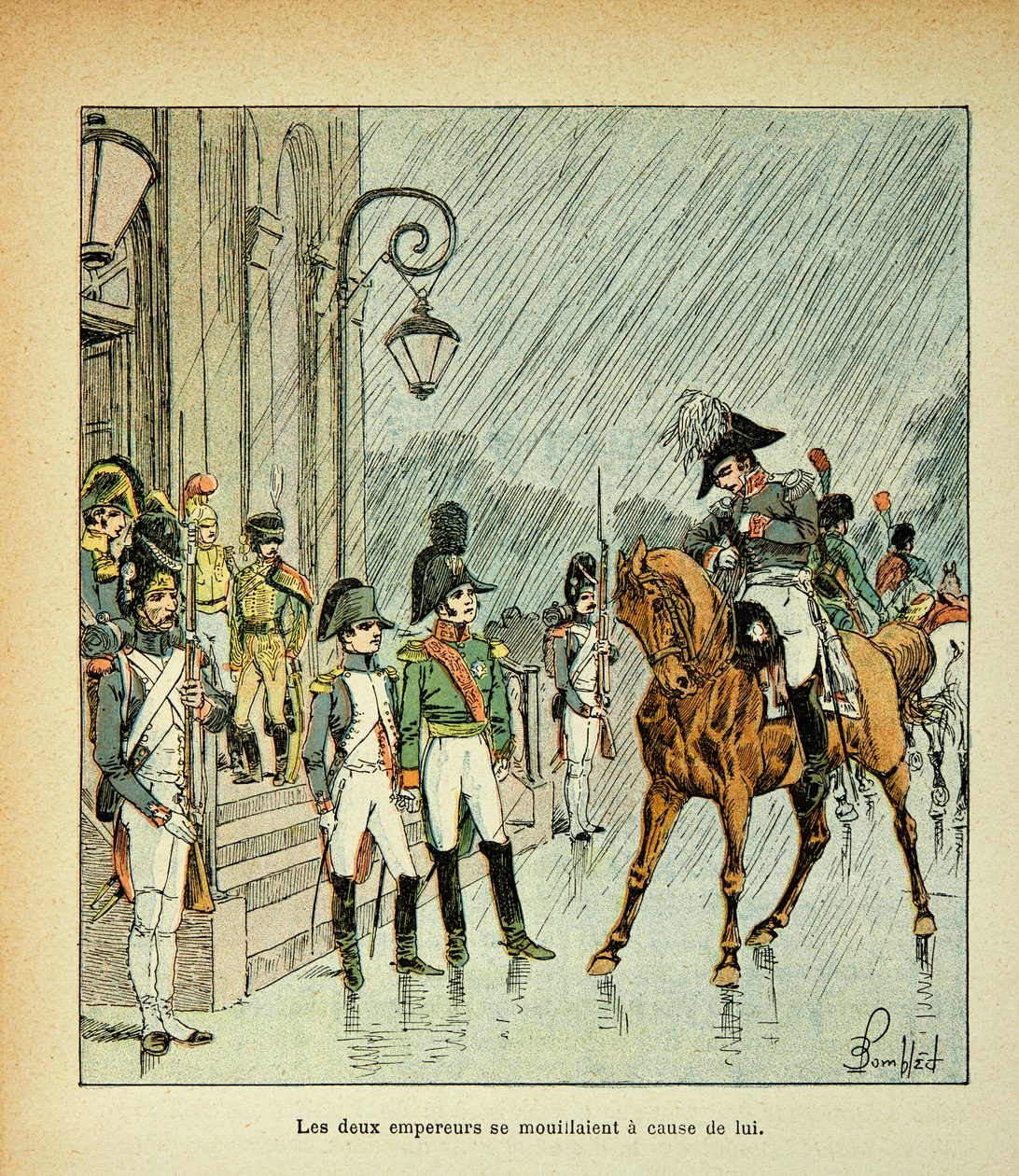 Ilustração de Bombled Louis (1862-1927) do livro "The Memorial of St. Helene" do Conde Emmanuel de Las Cases (1766-1842): Imperador Napoleão, Rei da Prússia e Czar Alexandre I (1777-1825) no Tratado de Tilsitt em 1807, Coleção Privada de Louis Charles Bombled