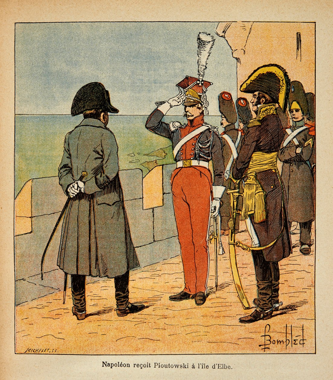 Ilustração de Bombled Louis (1862-1927) do livro "The Memorial of St. Helene" do Conde Emmanuel de Las Cases (1766-1842): O Imperador Napoleão recebe o Marechal Poniatowski na Ilha Elba, Coleção Particular de Louis Charles Bombled