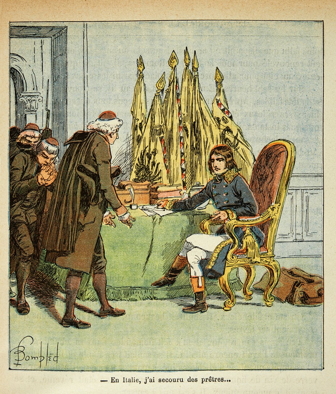 Ilustração de Bombled Louis (1862-1927) do livro "The memorial se Sainte Helene" do Conde Emmanuel de Las Cases (1766-1842): Durante a campanha italiana, Bonaparte resgata sacerdotes, Coleção Particular de Louis Charles Bombled