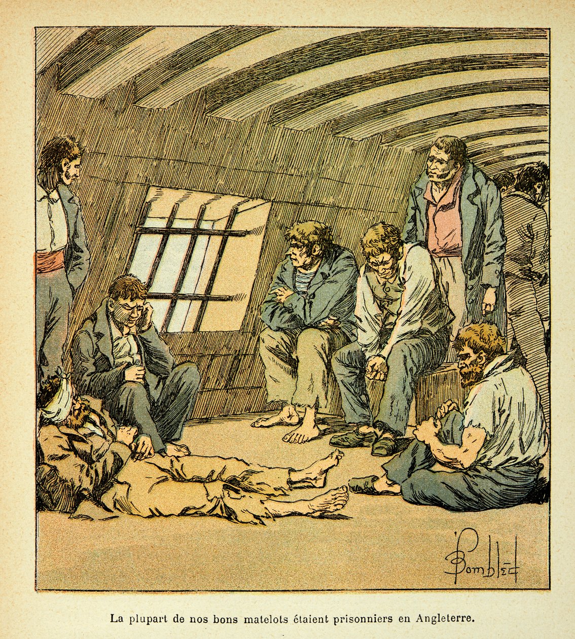 Ilustração de Bombled Louis (1862-1927) do livro "The memorial se Sainte Helene" do Conde Emmanuel de Las Cases (1766-1842): Prisioneiros franceses no pontão inglês, coleção privada de Louis Charles Bombled