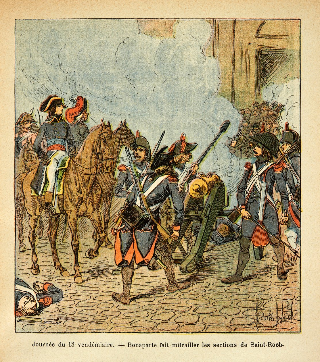 Ilustração de Bombled Louis (1862-1927) do livro "The memorial se Sainte Helene" do Conde Emmanuel de Las Cases (1766-1842): Dia 13 de sexta-feira, Bonaparte faz as seções de São Roch atirar com um canhão, Coleção Particular de Louis Charles Bombled